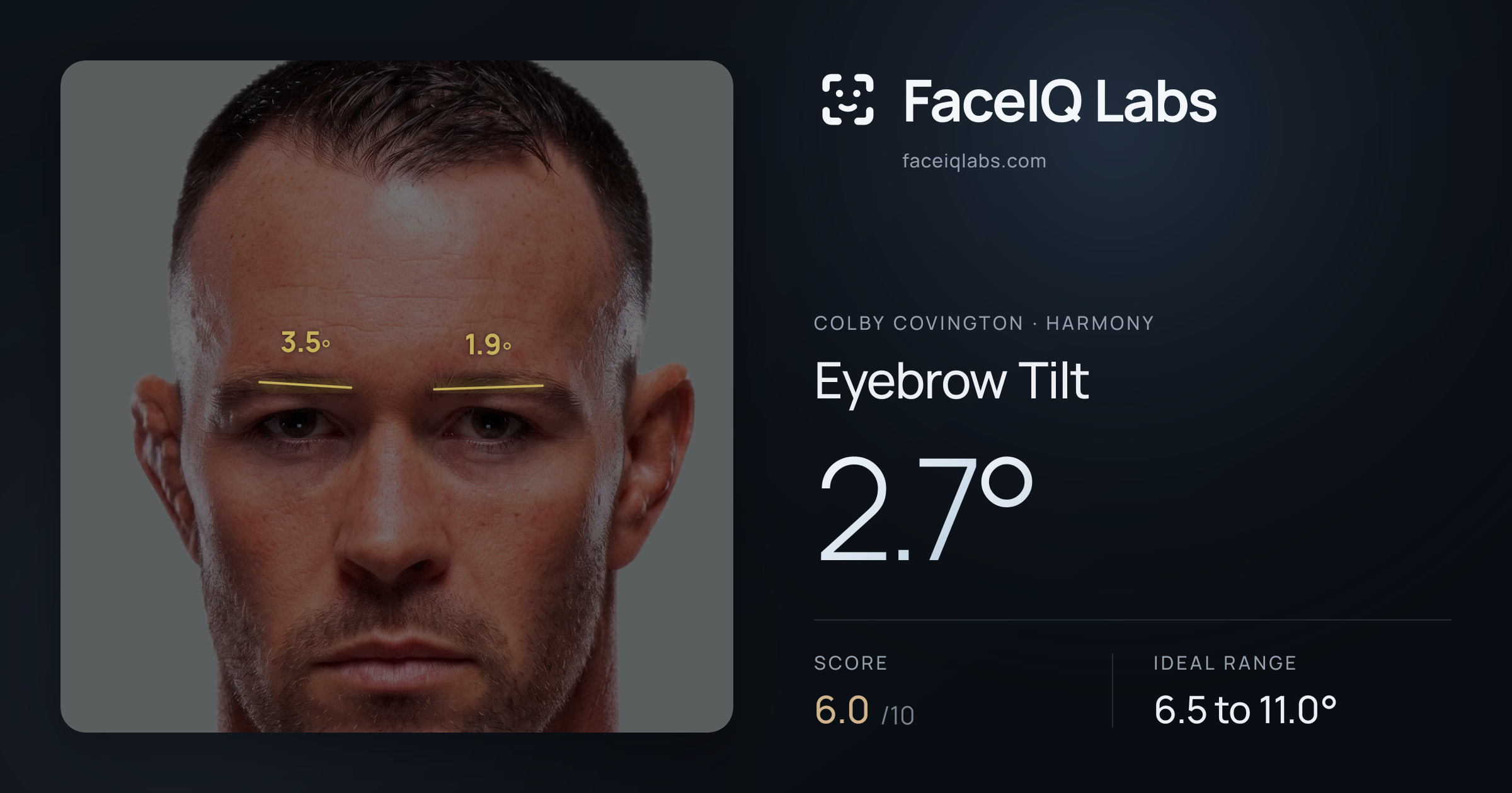 Colby Covington Eyebrow Tilt: 2.7°, drawn on the photo