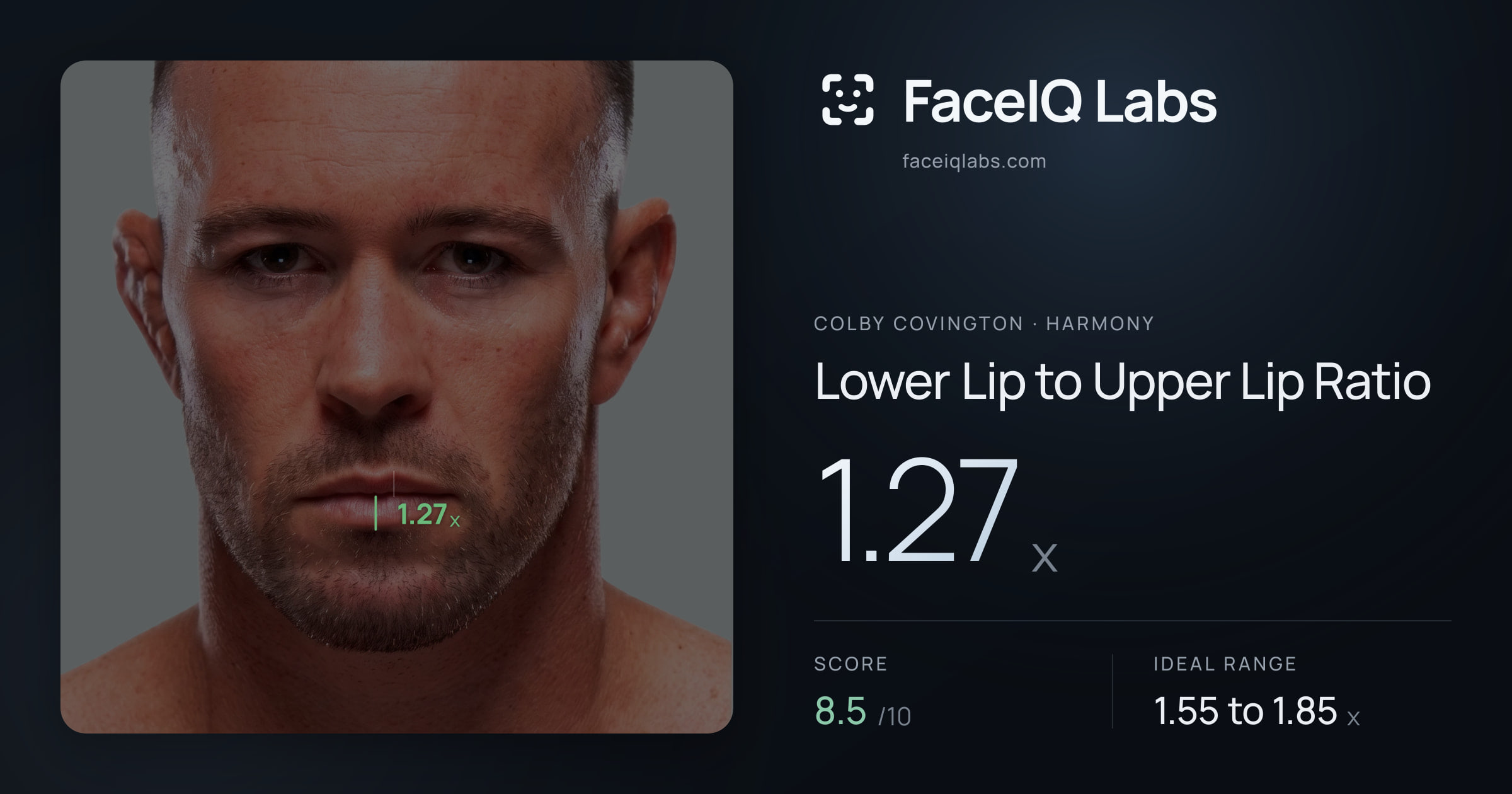 Colby Covington Lower Lip to Upper Lip Ratio: 1.27x, drawn on the photo