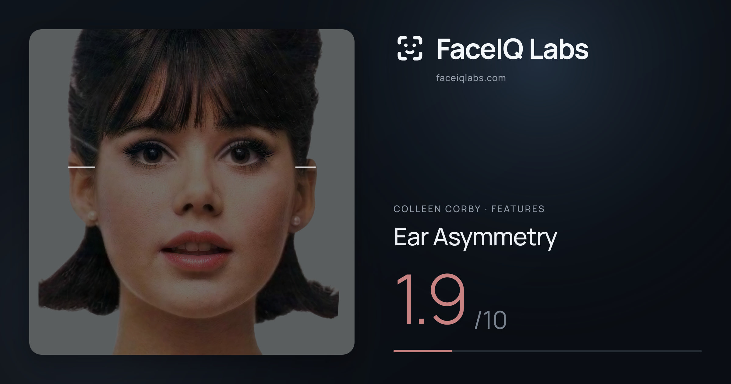 Colleen Corby Ear Asymmetry: 1.9/10, drawn on the photo