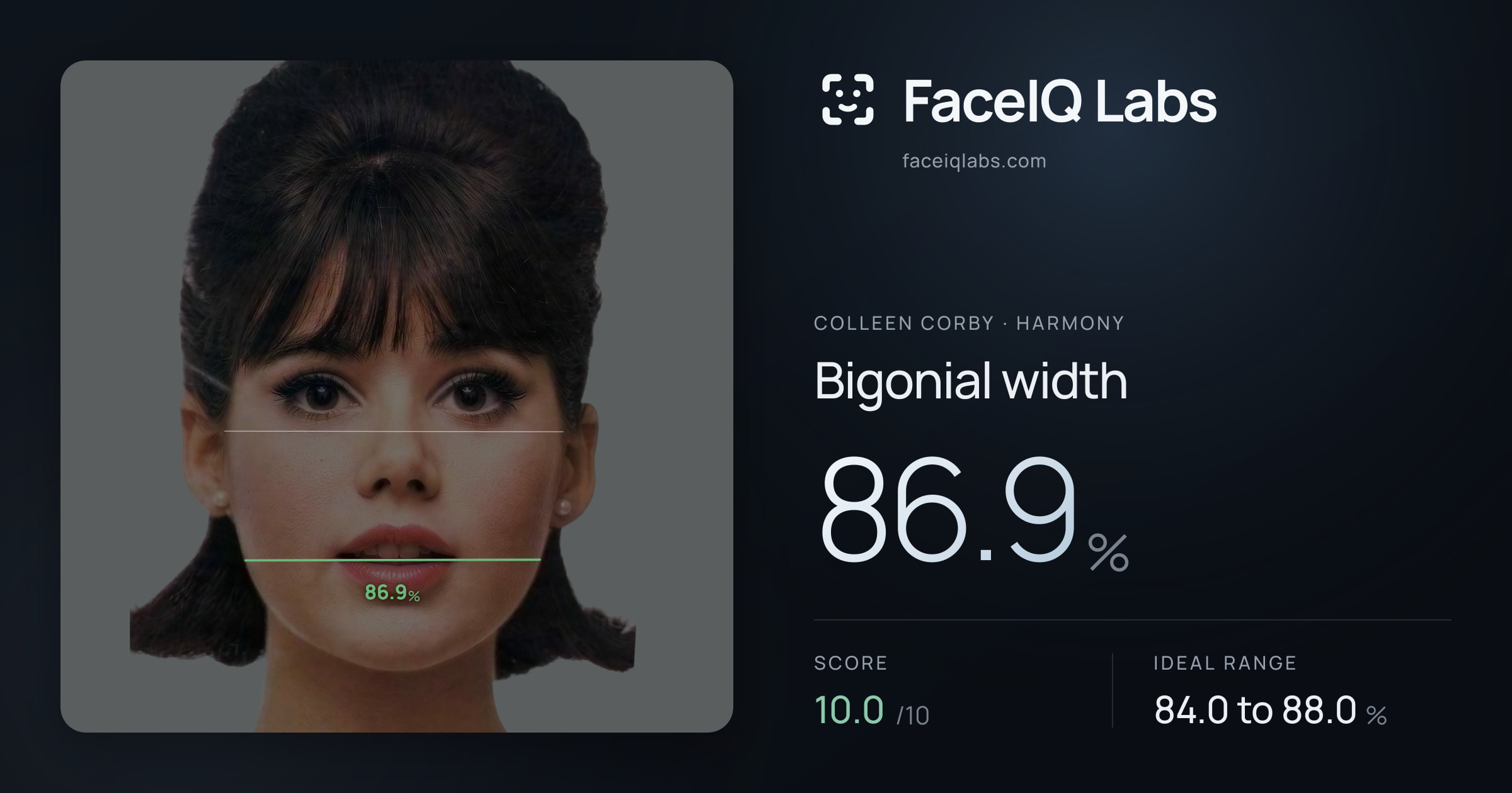 Colleen Corby Bigonial width: 86.9%, drawn on the photo