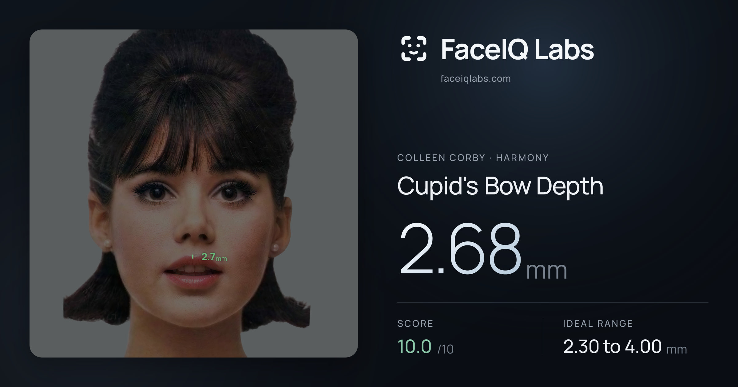 Colleen Corby Cupid's Bow Depth: 2.68mm, drawn on the photo
