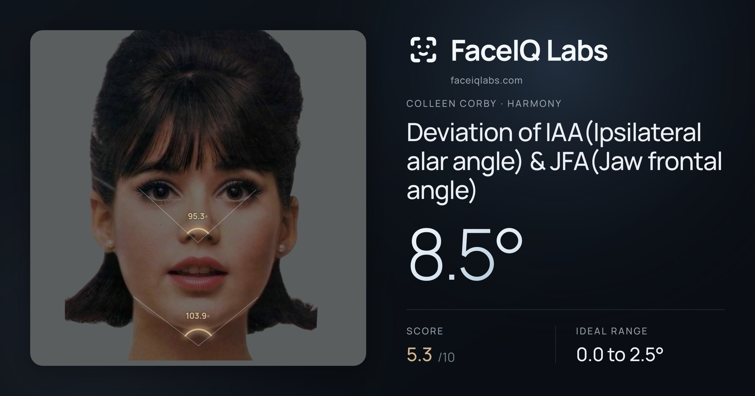 Colleen Corby Deviation of IAA(Ipsilateral alar angle) & JFA(Jaw frontal angle): 8.5°, drawn on the photo