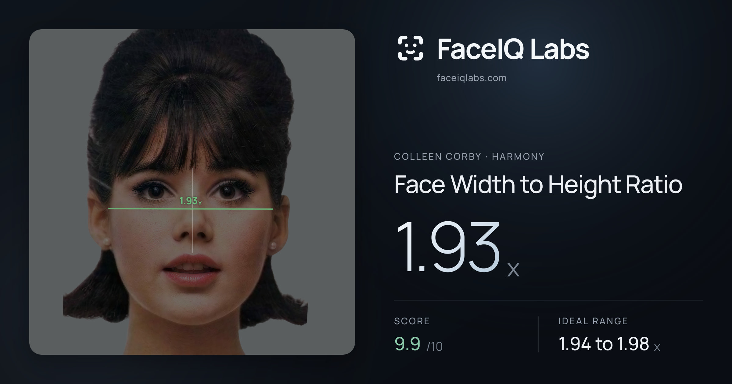 Colleen Corby Face Width to Height Ratio: 1.93x, drawn on the photo