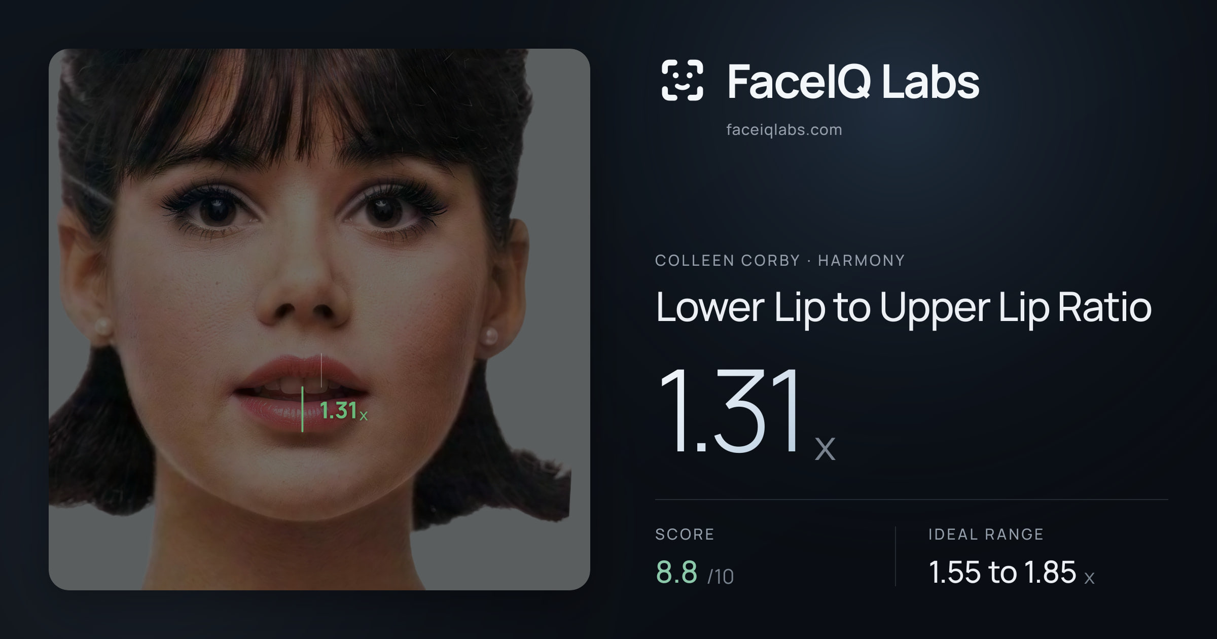 Colleen Corby Lower Lip to Upper Lip Ratio: 1.31x, drawn on the photo