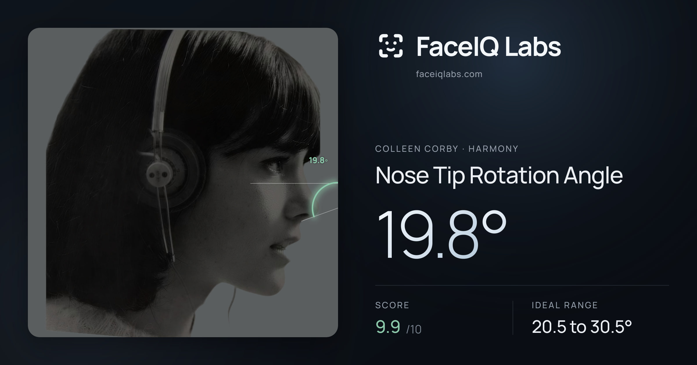 Colleen Corby Nose Tip Rotation Angle: 19.8°, drawn on the photo
