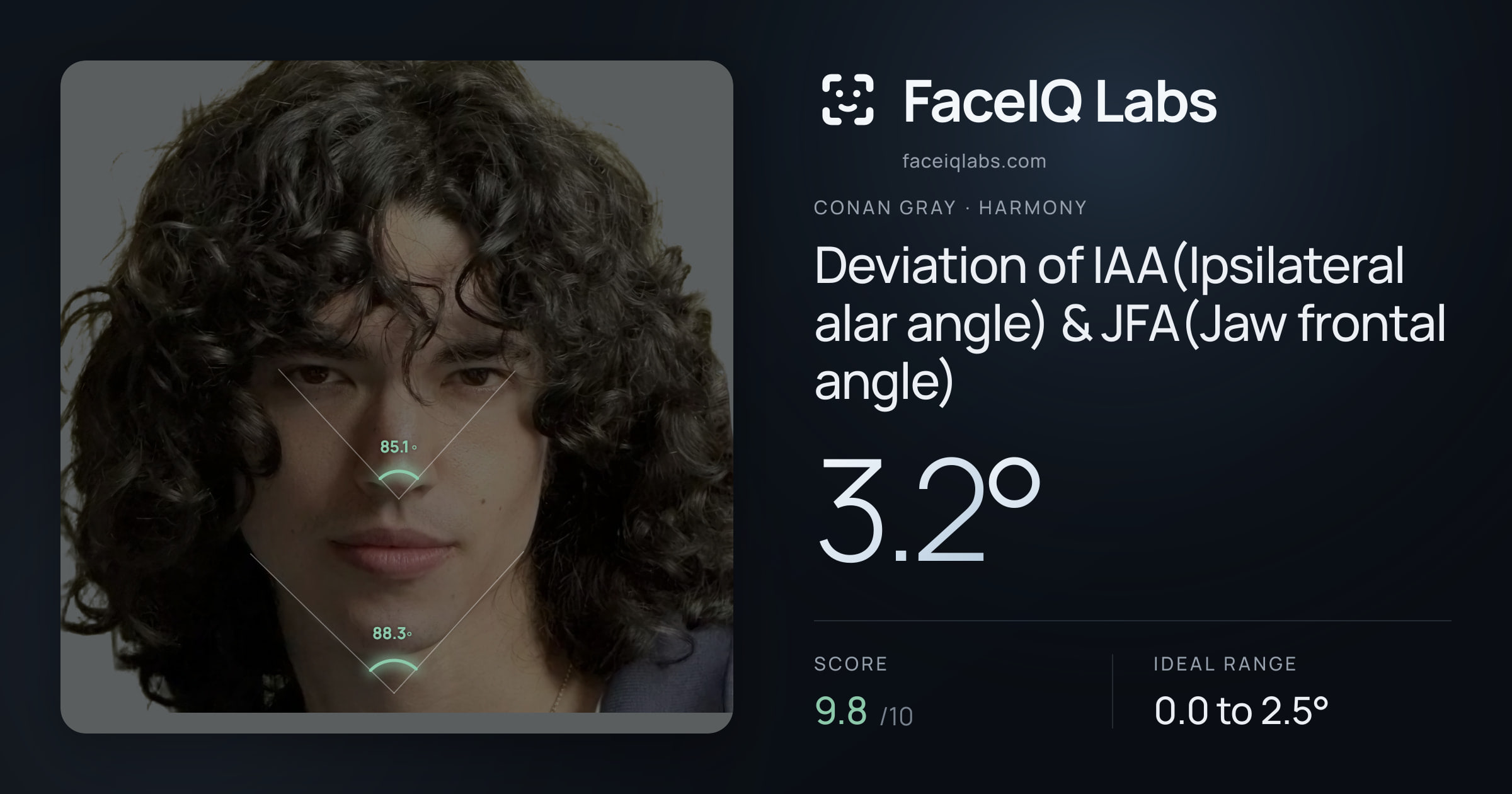 Conan Gray Deviation of IAA(Ipsilateral alar angle) & JFA(Jaw frontal angle): 3.2°, drawn on the photo