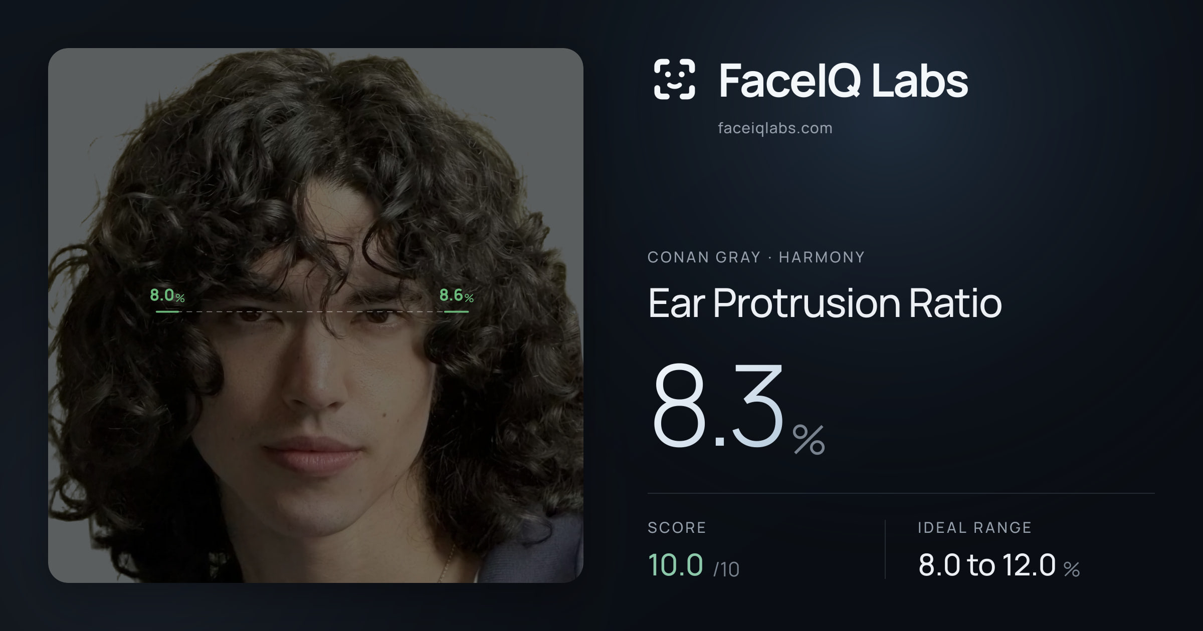Conan Gray Ear Protrusion Ratio: 8.3%, drawn on the photo