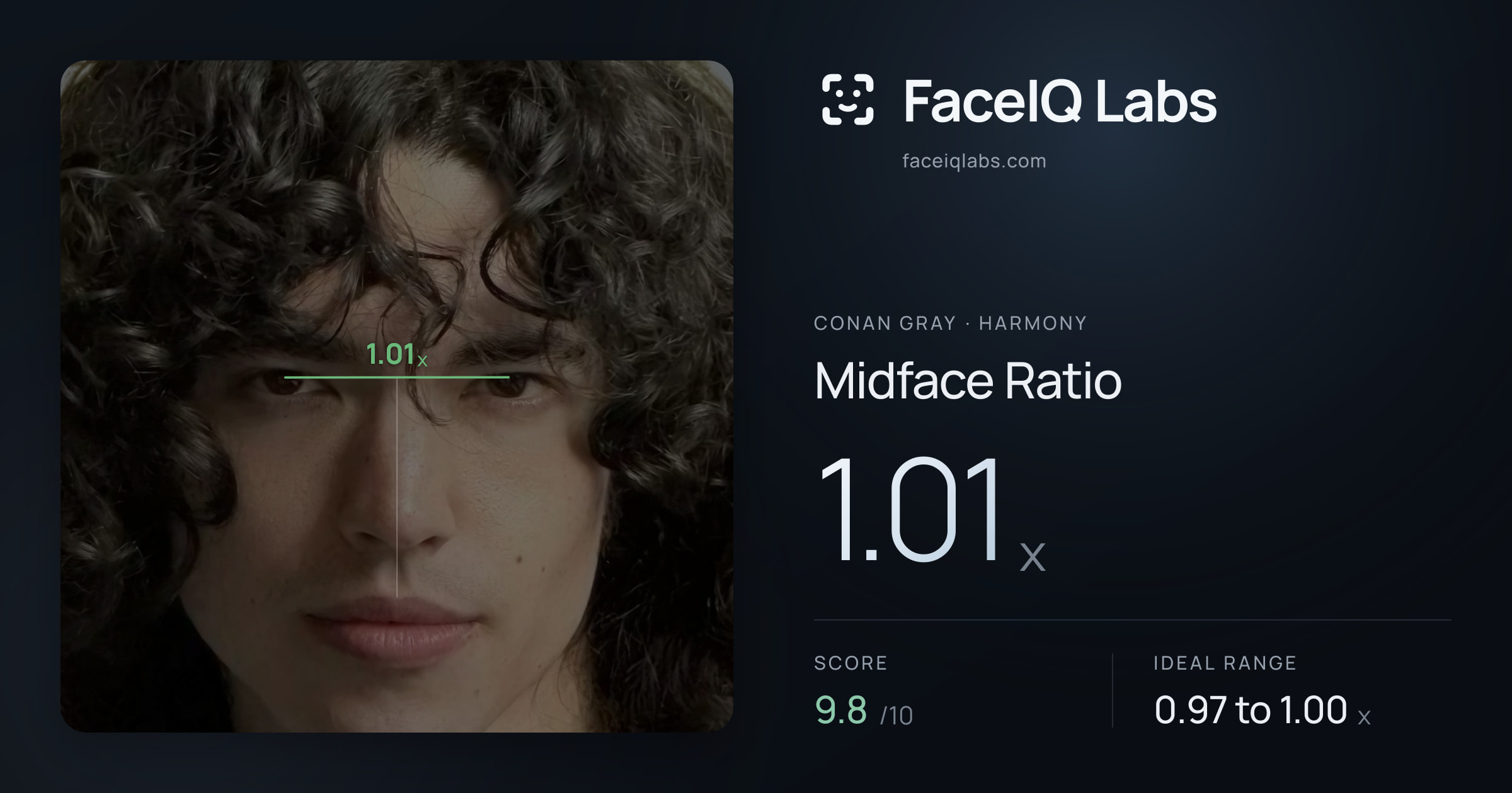Conan Gray Midface Ratio: 1.01x, drawn on the photo