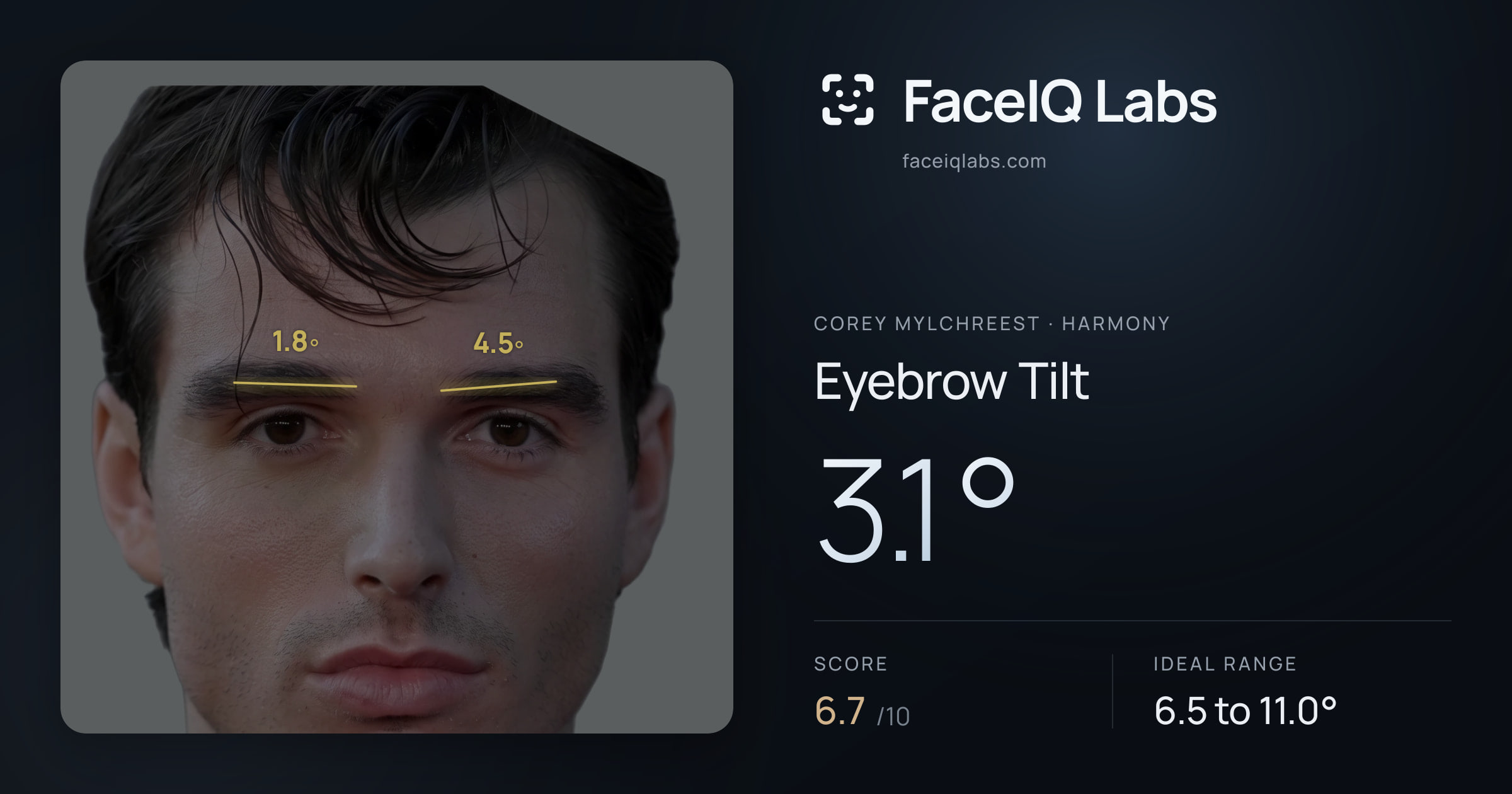 Corey Mylchreest Eyebrow Tilt: 3.1°, drawn on the photo
