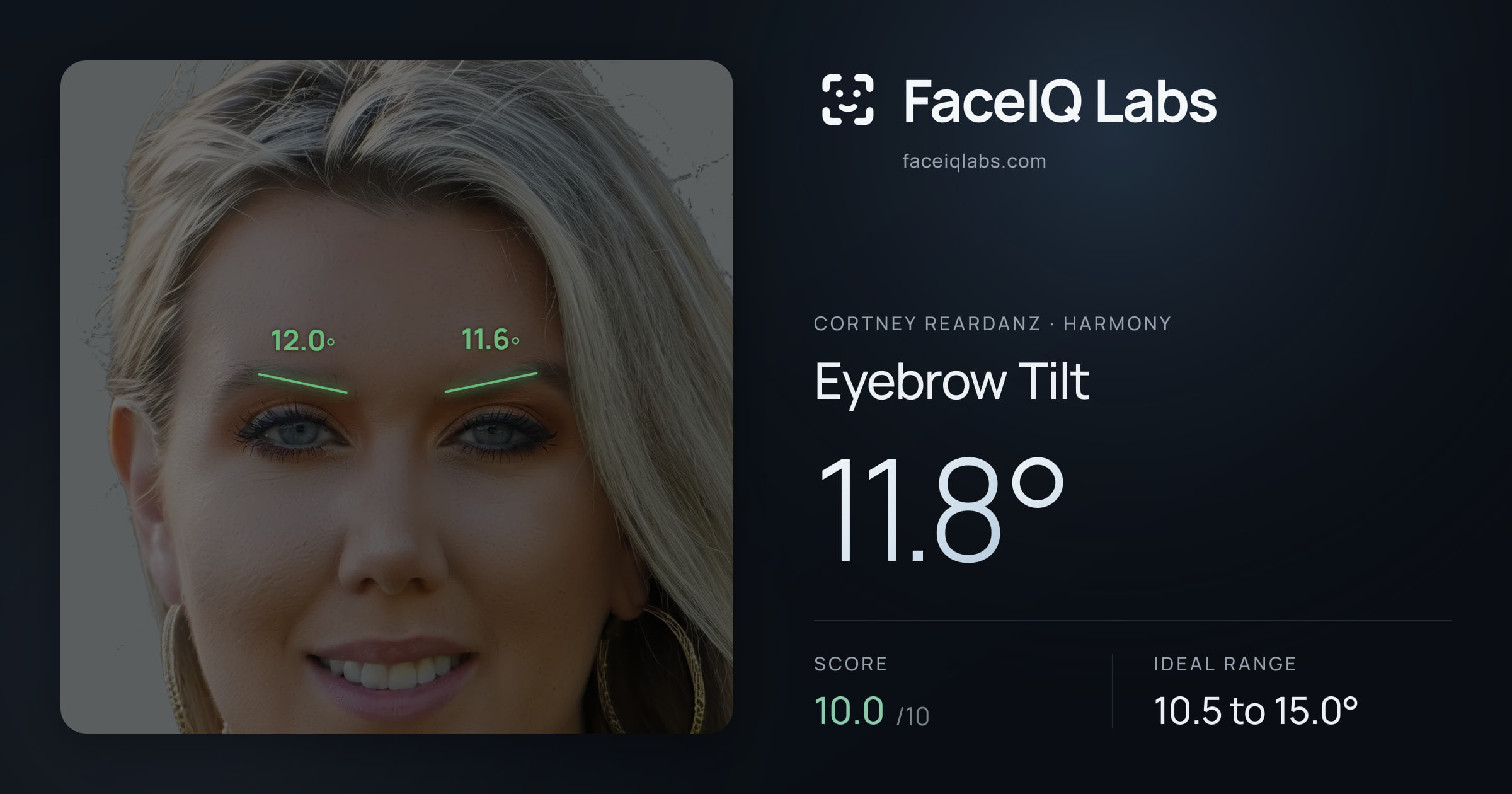 Cortney Reardanz Eyebrow Tilt: 11.8°, drawn on the photo