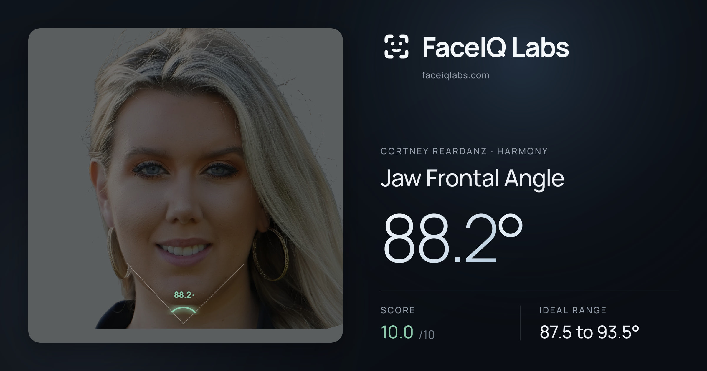 Cortney Reardanz Jaw Frontal Angle: 88.2°, drawn on the photo