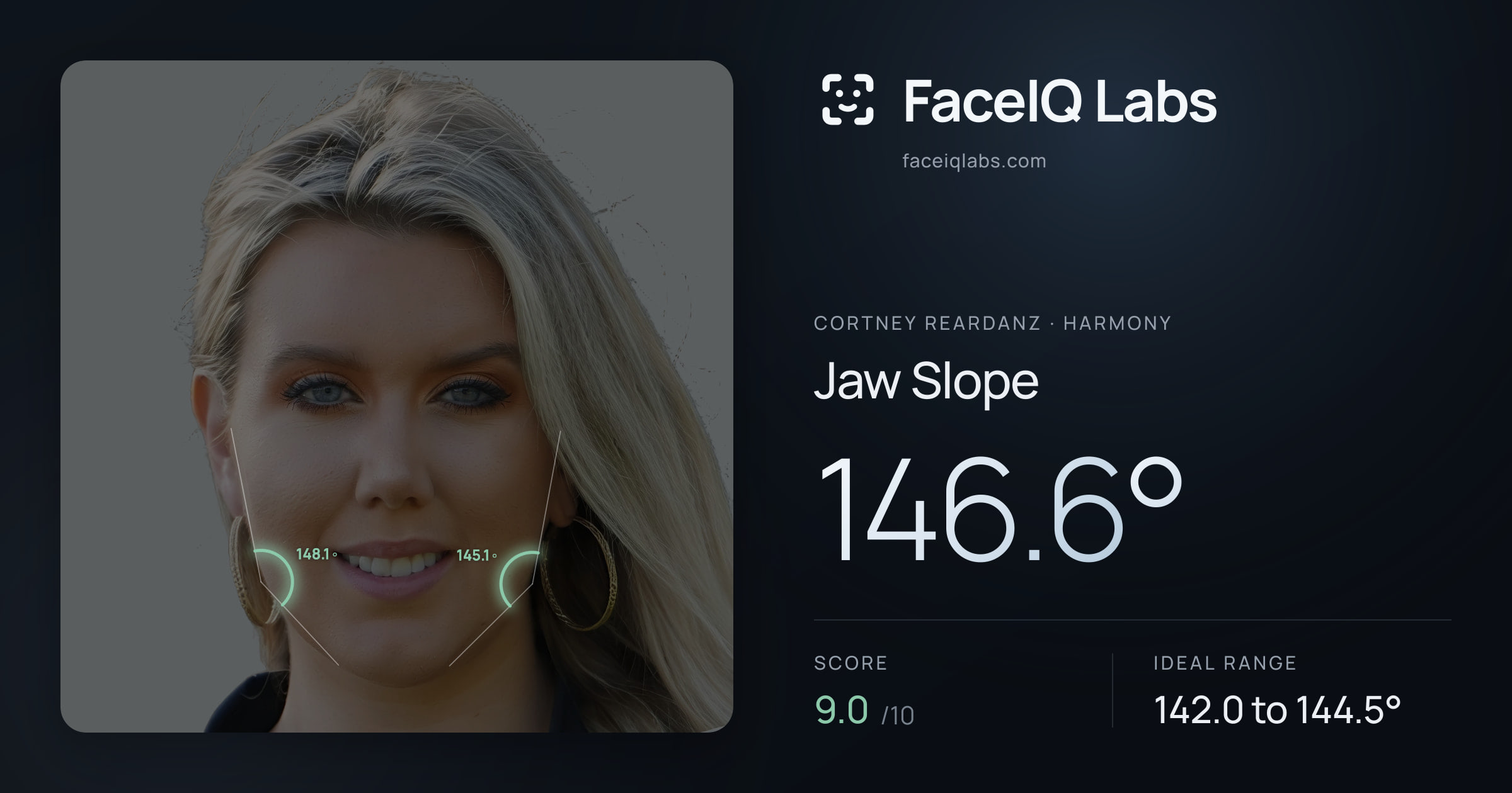 Cortney Reardanz Jaw Slope: 146.6°, drawn on the photo
