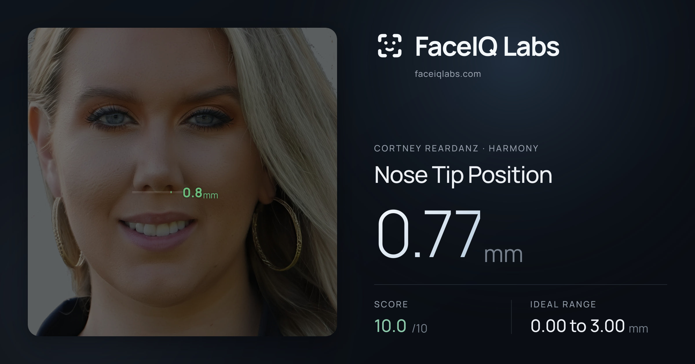 Cortney Reardanz Nose Tip Position: 0.77mm, drawn on the photo