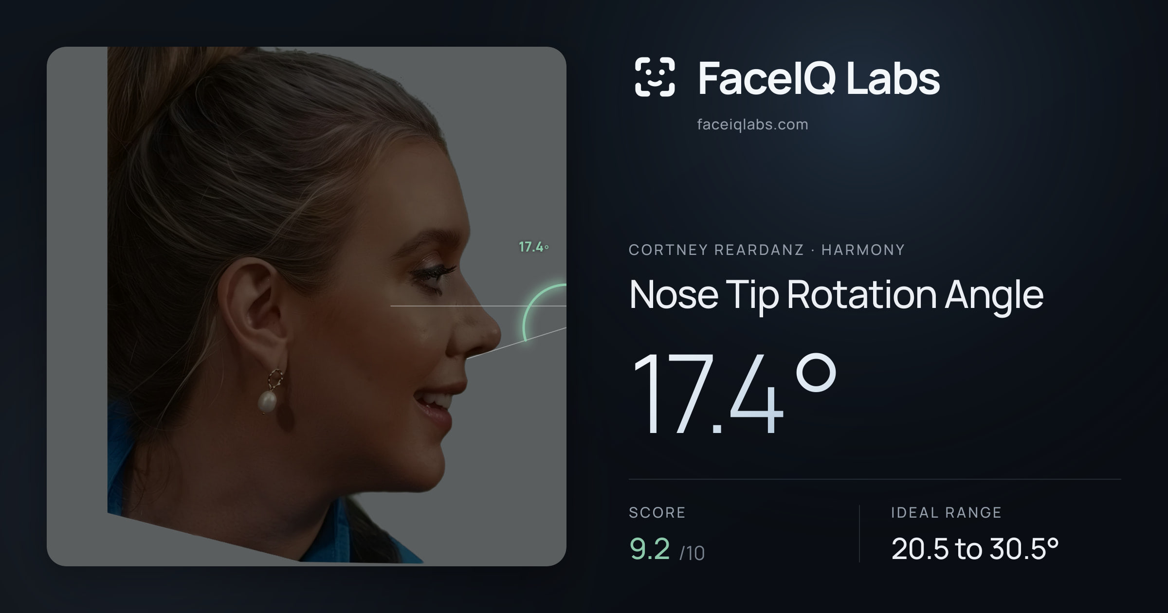 Cortney Reardanz Nose Tip Rotation Angle: 17.4°, drawn on the photo
