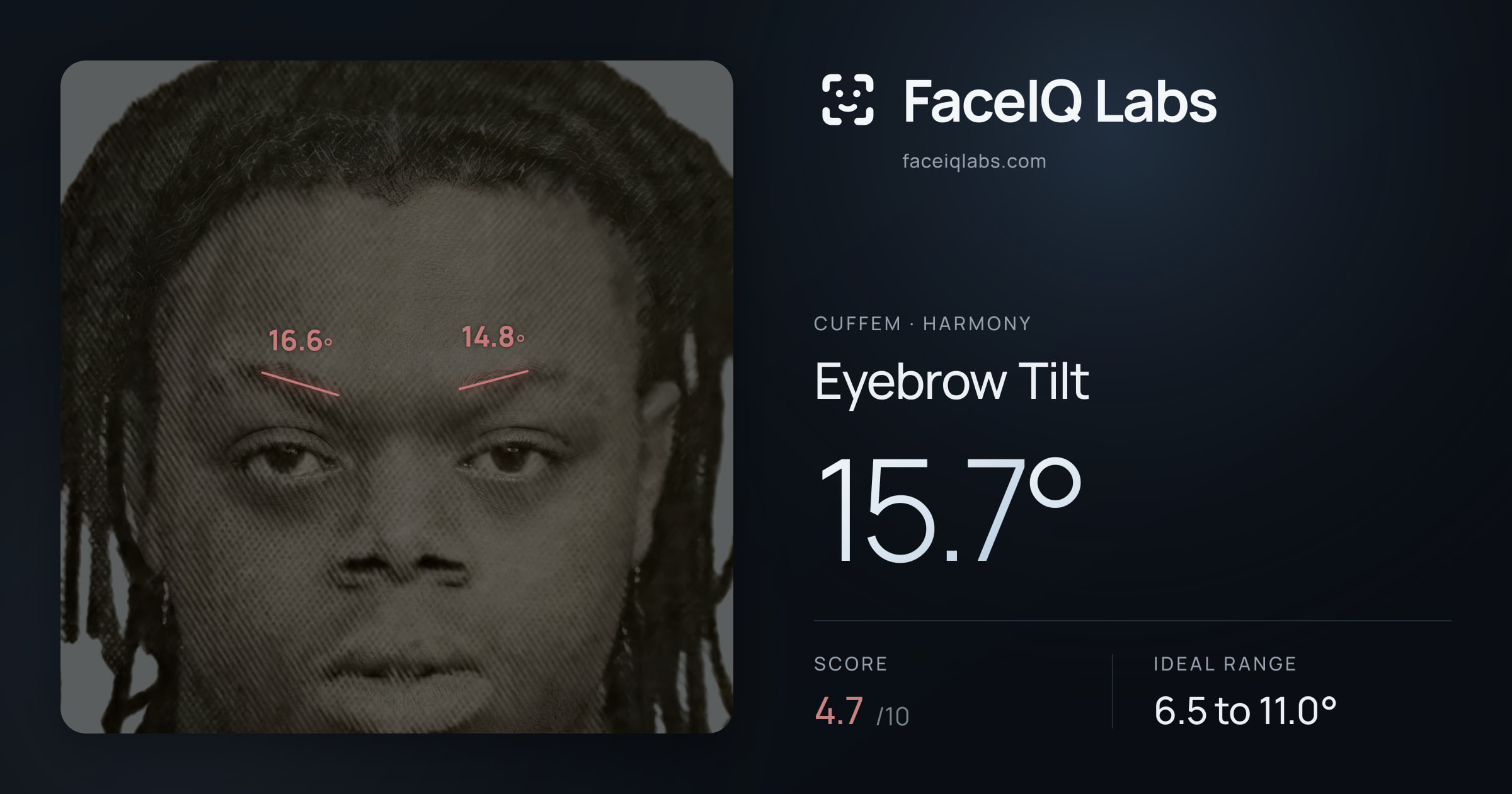 Cuffem Eyebrow Tilt: 15.7°, drawn on the photo