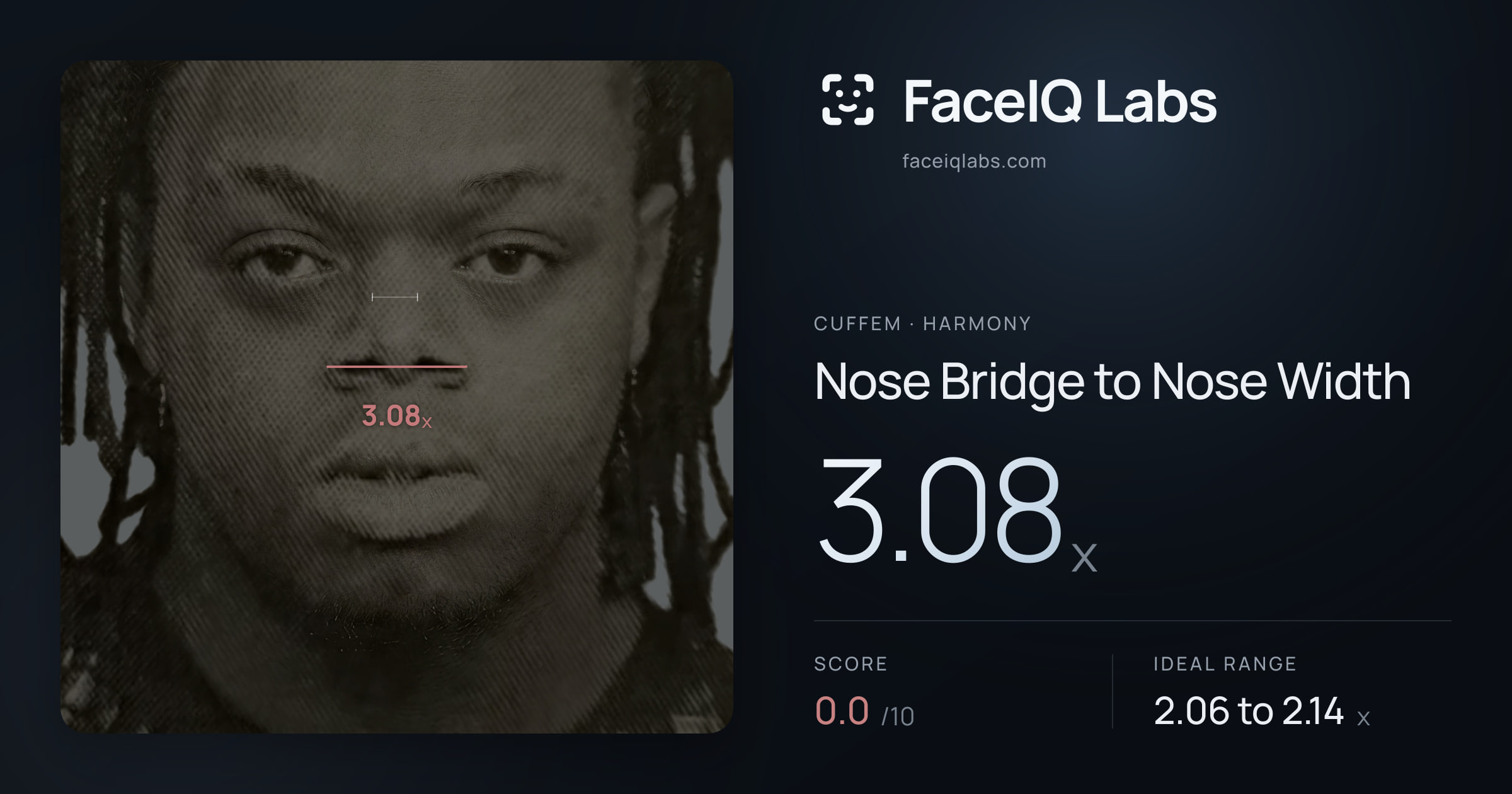 Cuffem Nose Bridge to Nose Width: 3.08x, drawn on the photo