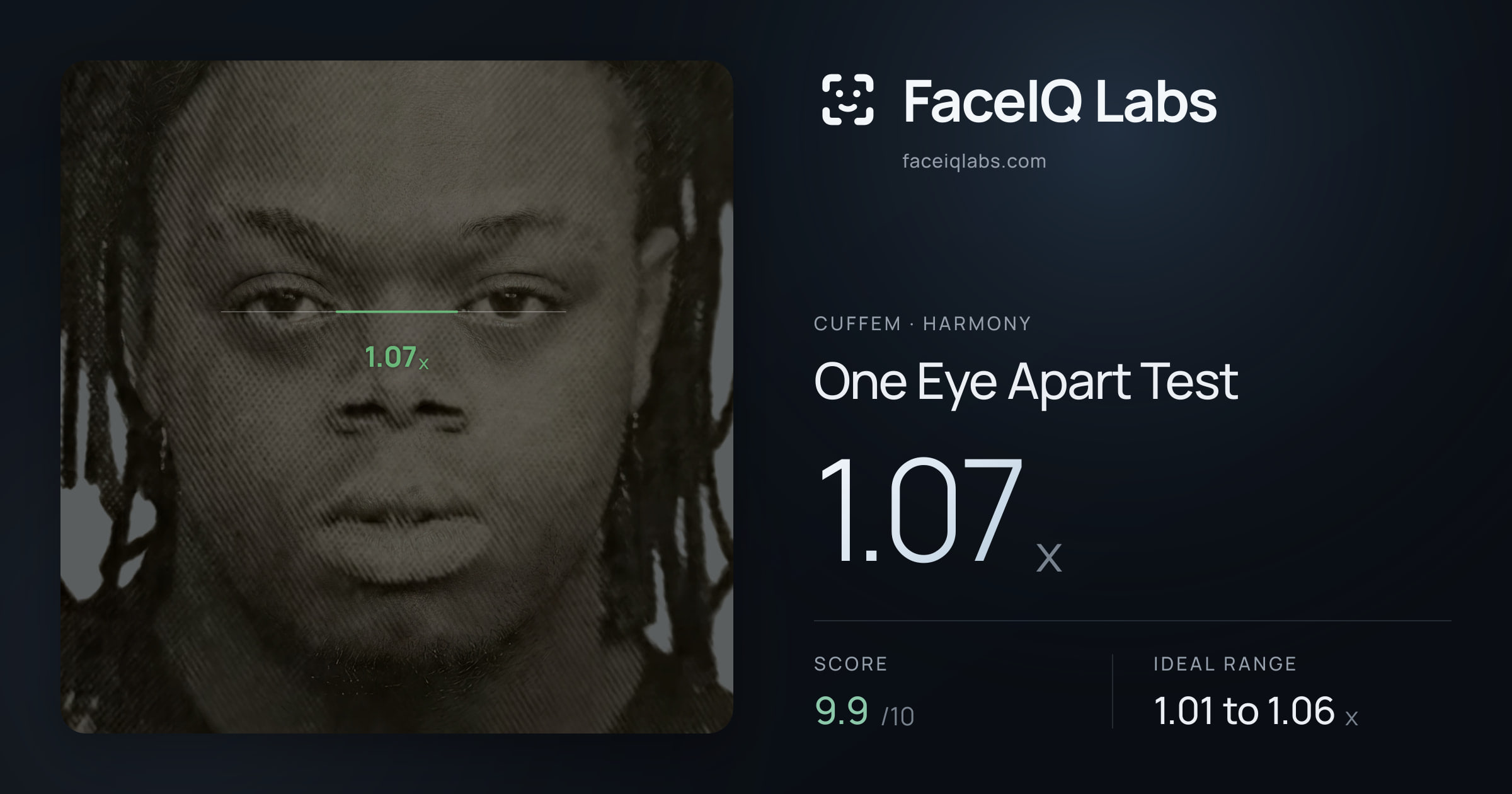 Cuffem One Eye Apart Test: 1.07x, drawn on the photo