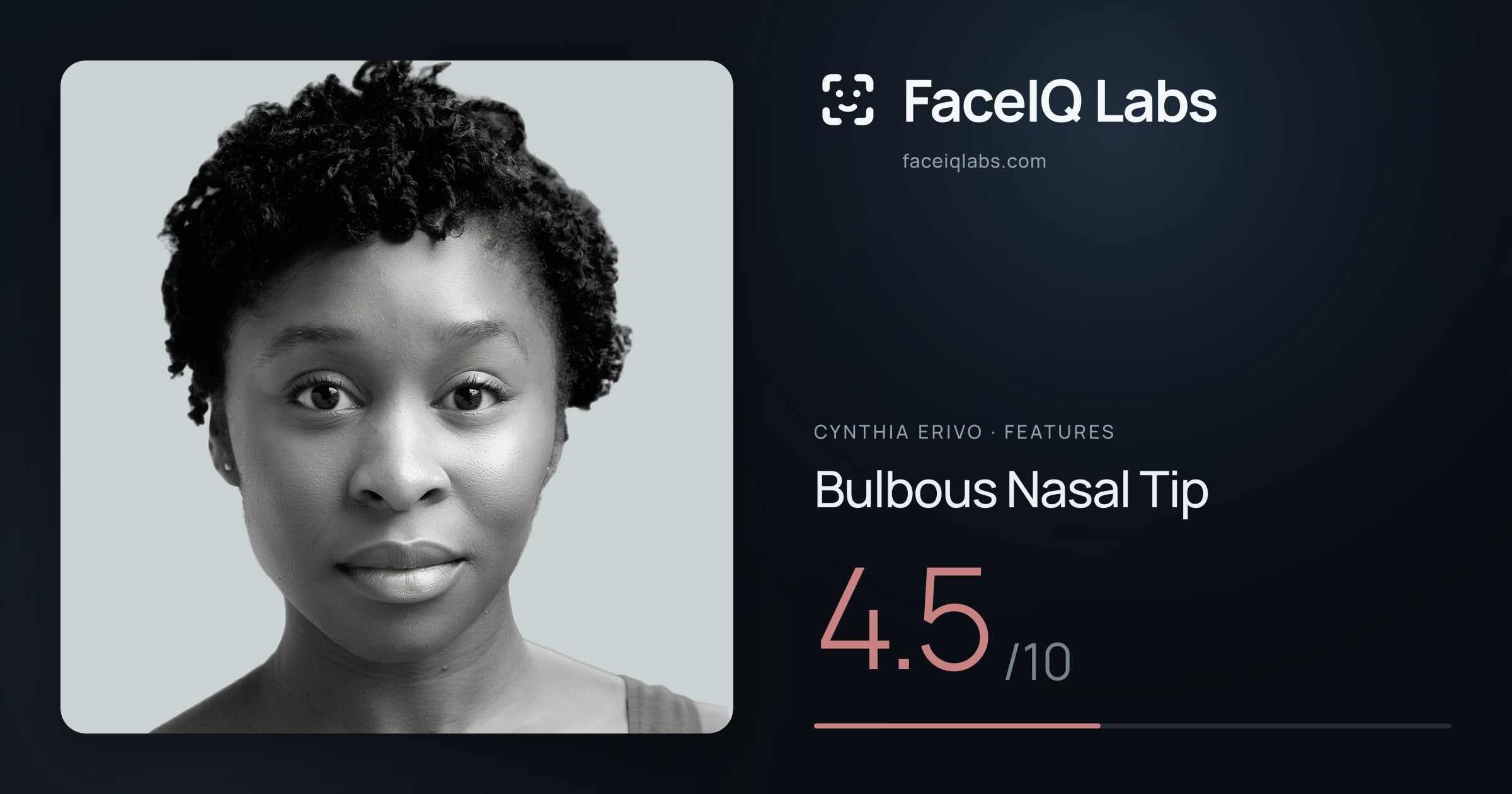 Cynthia Erivo Bulbous Nasal Tip: 4.5/10, drawn on the photo