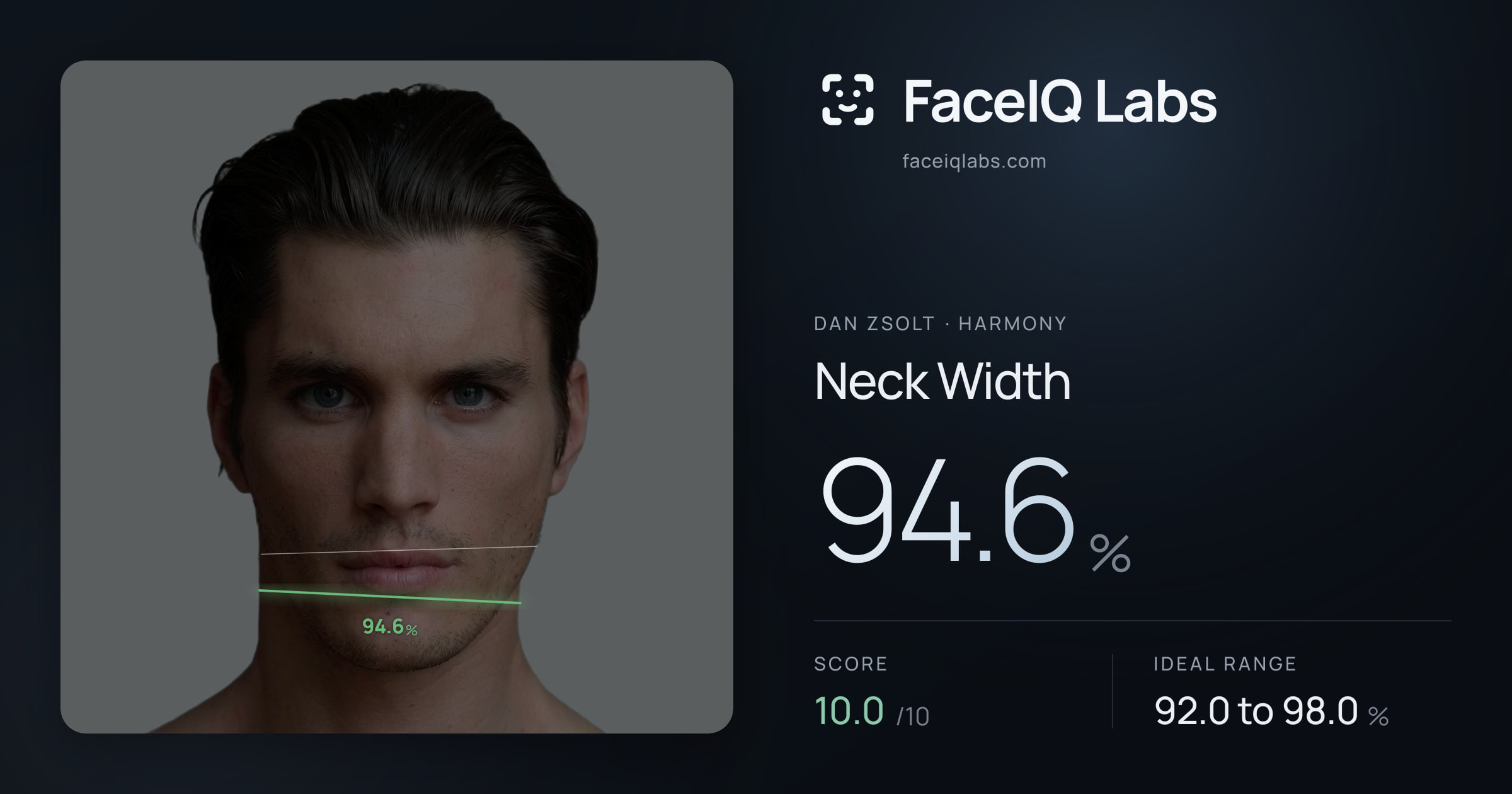 Dan Zsolt Neck Width: 94.6%, drawn on the photo