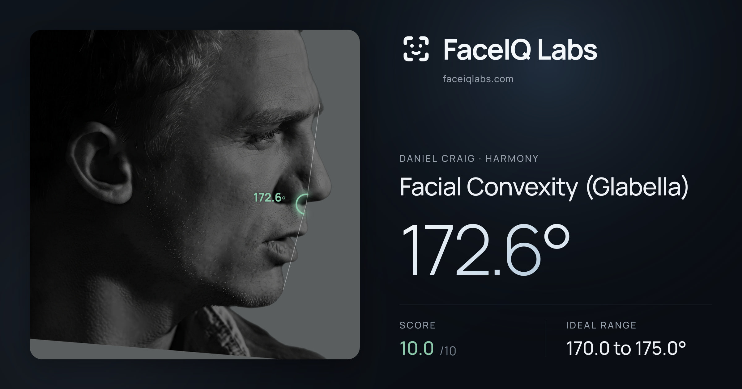 Daniel Craig Facial Convexity (Glabella): 172.6°, drawn on the photo