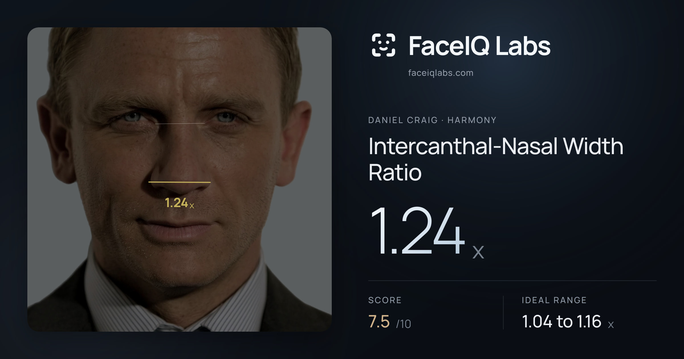 Daniel Craig Intercanthal-Nasal Width Ratio: 1.24x, drawn on the photo