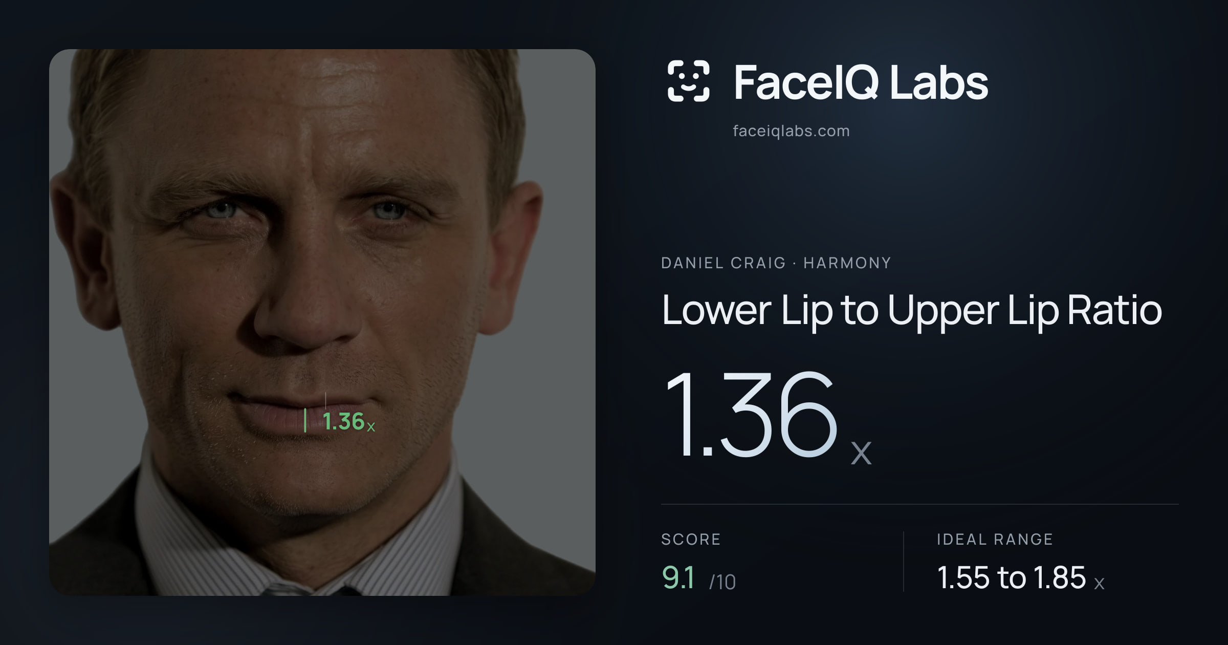 Daniel Craig Lower Lip to Upper Lip Ratio: 1.36x, drawn on the photo