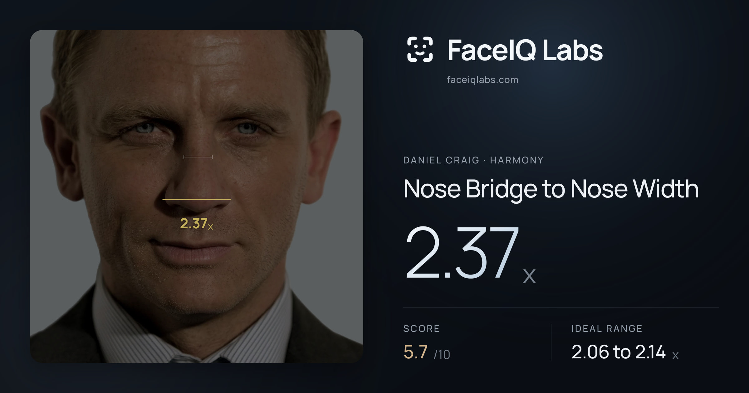 Daniel Craig Nose Bridge to Nose Width: 2.37x, drawn on the photo