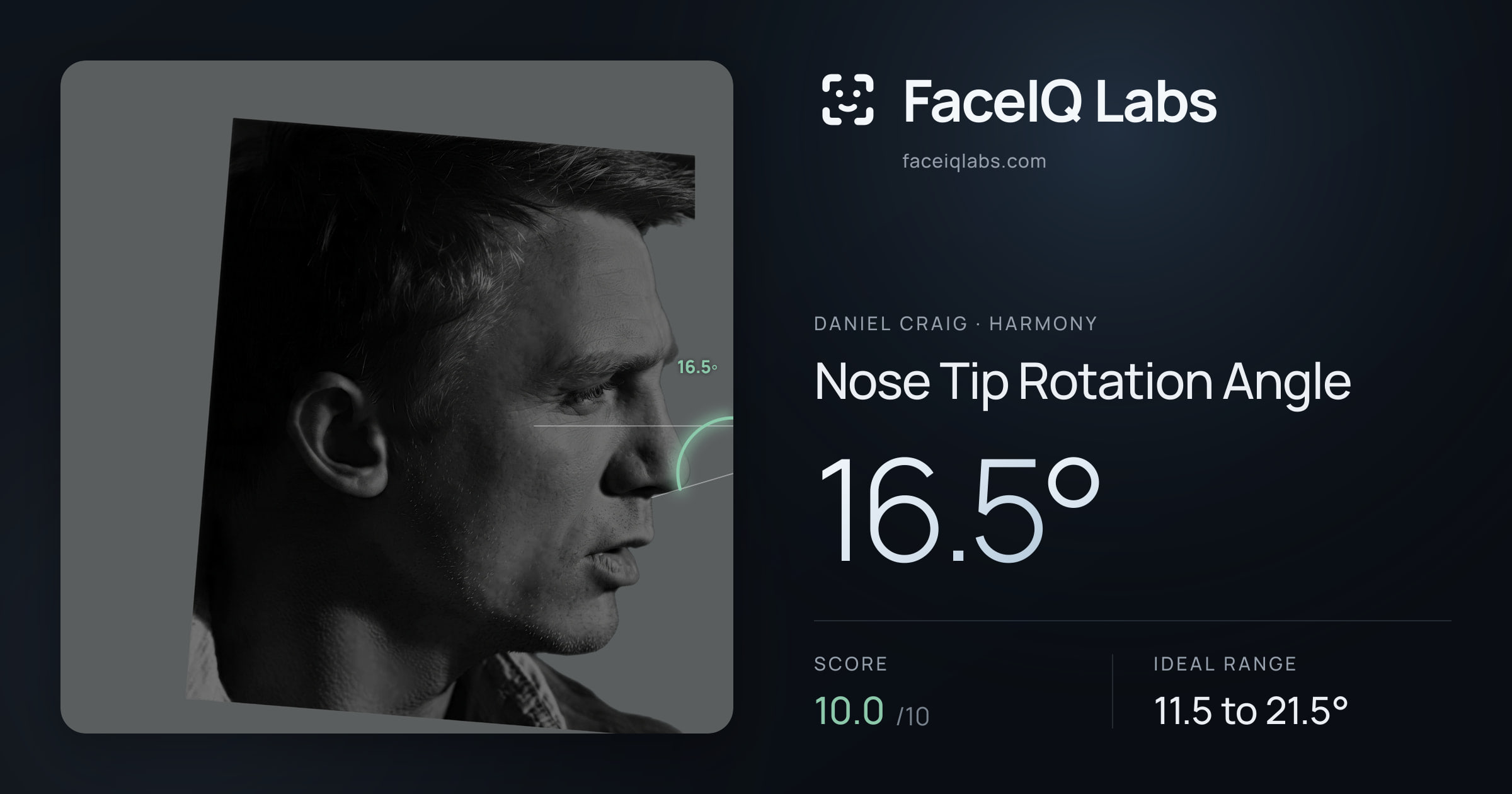 Daniel Craig Nose Tip Rotation Angle: 16.5°, drawn on the photo