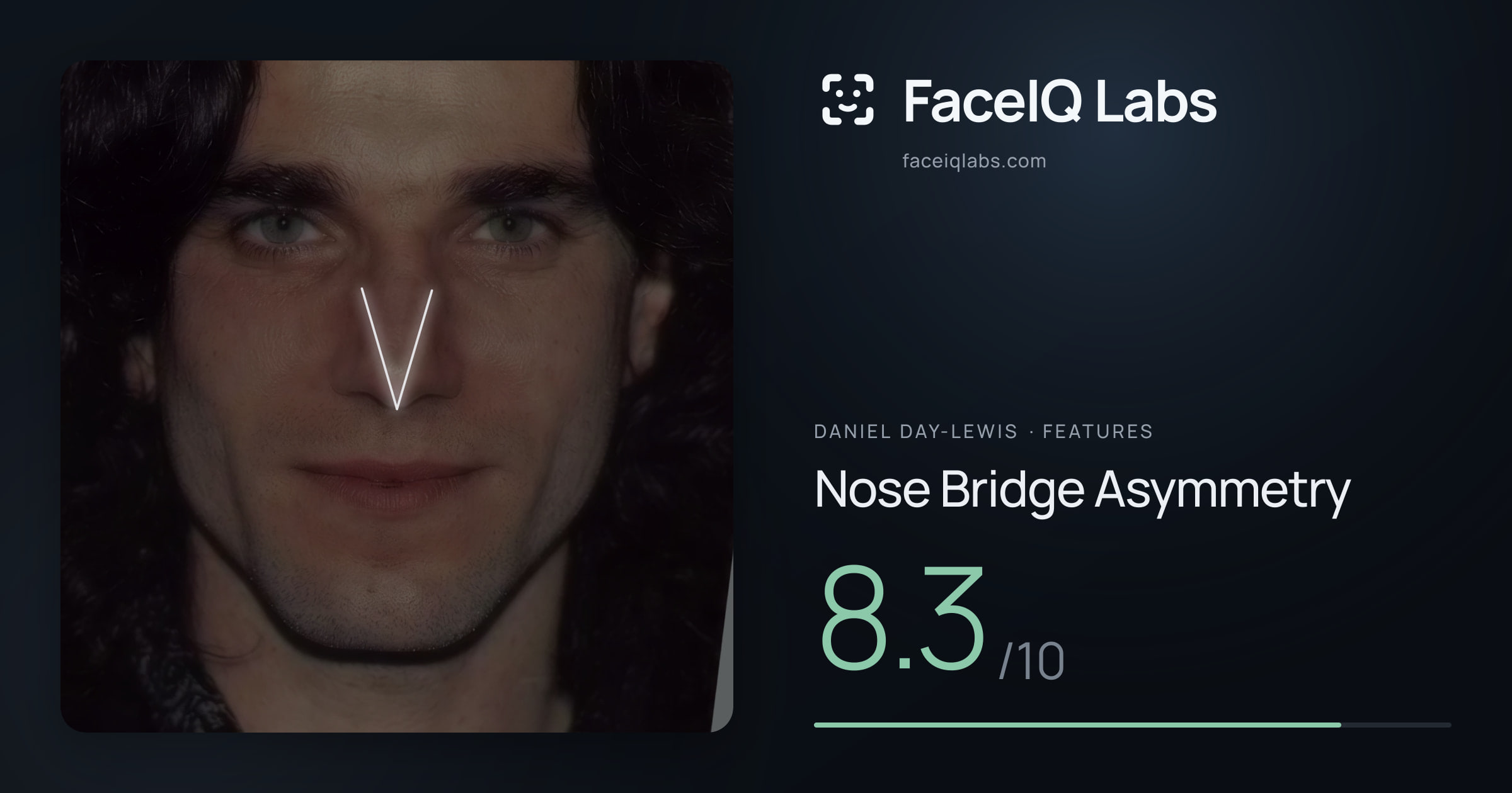 Daniel Day-Lewis Nose Bridge Asymmetry: 8.3/10, drawn on the photo