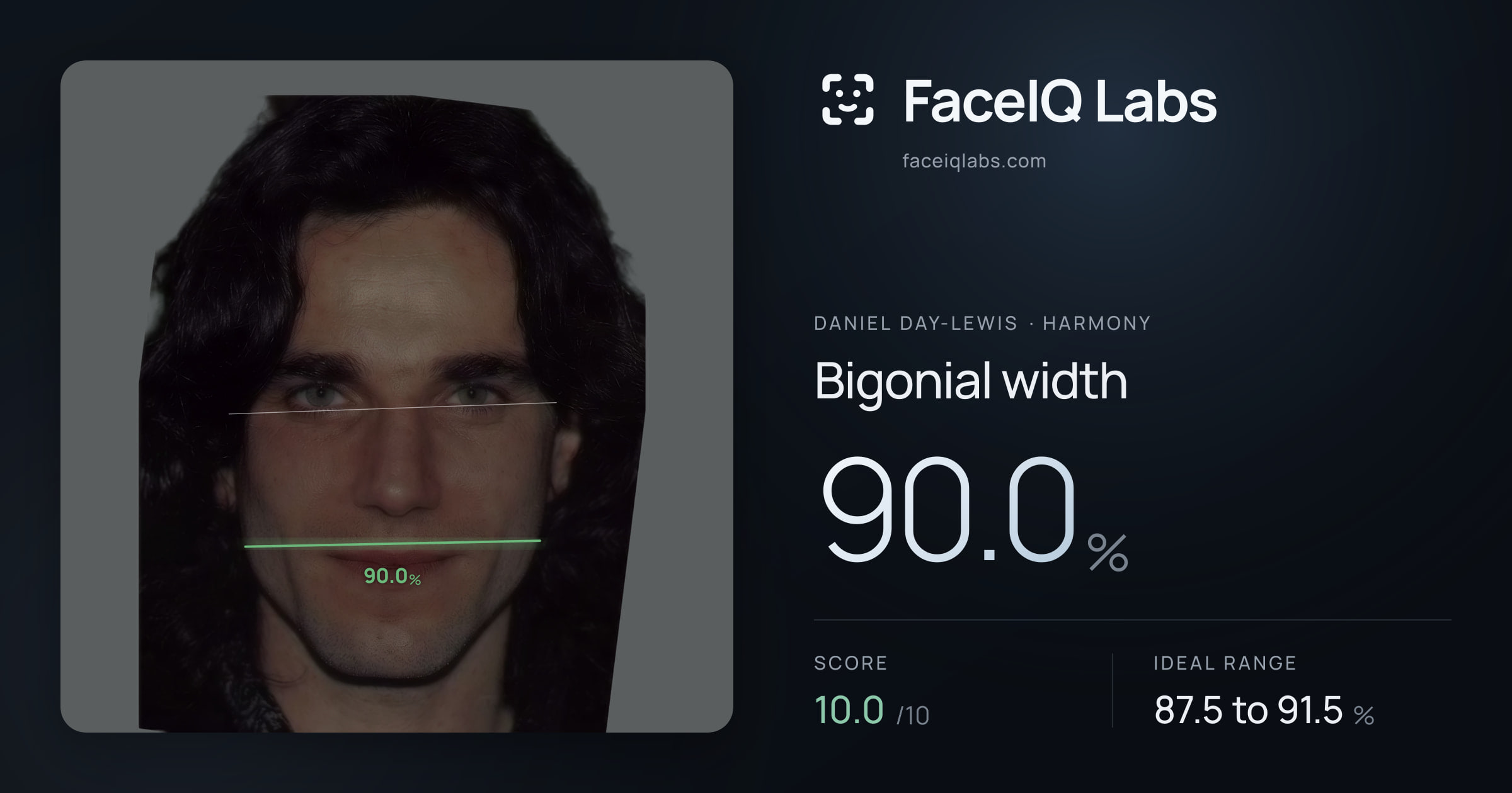 Daniel Day-Lewis Bigonial width: 90.0%, drawn on the photo