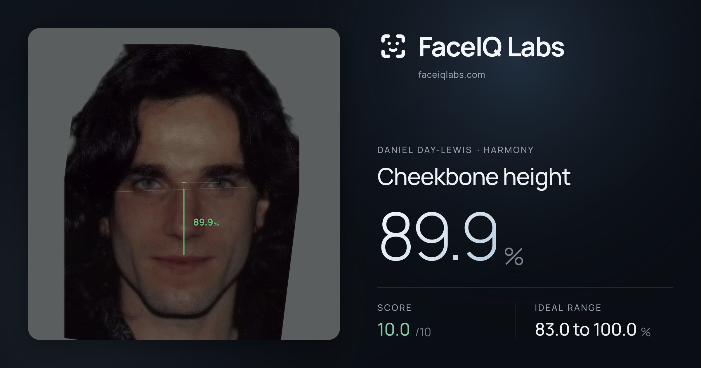 Daniel Day-Lewis Cheekbone height: 89.9%, drawn on the photo
