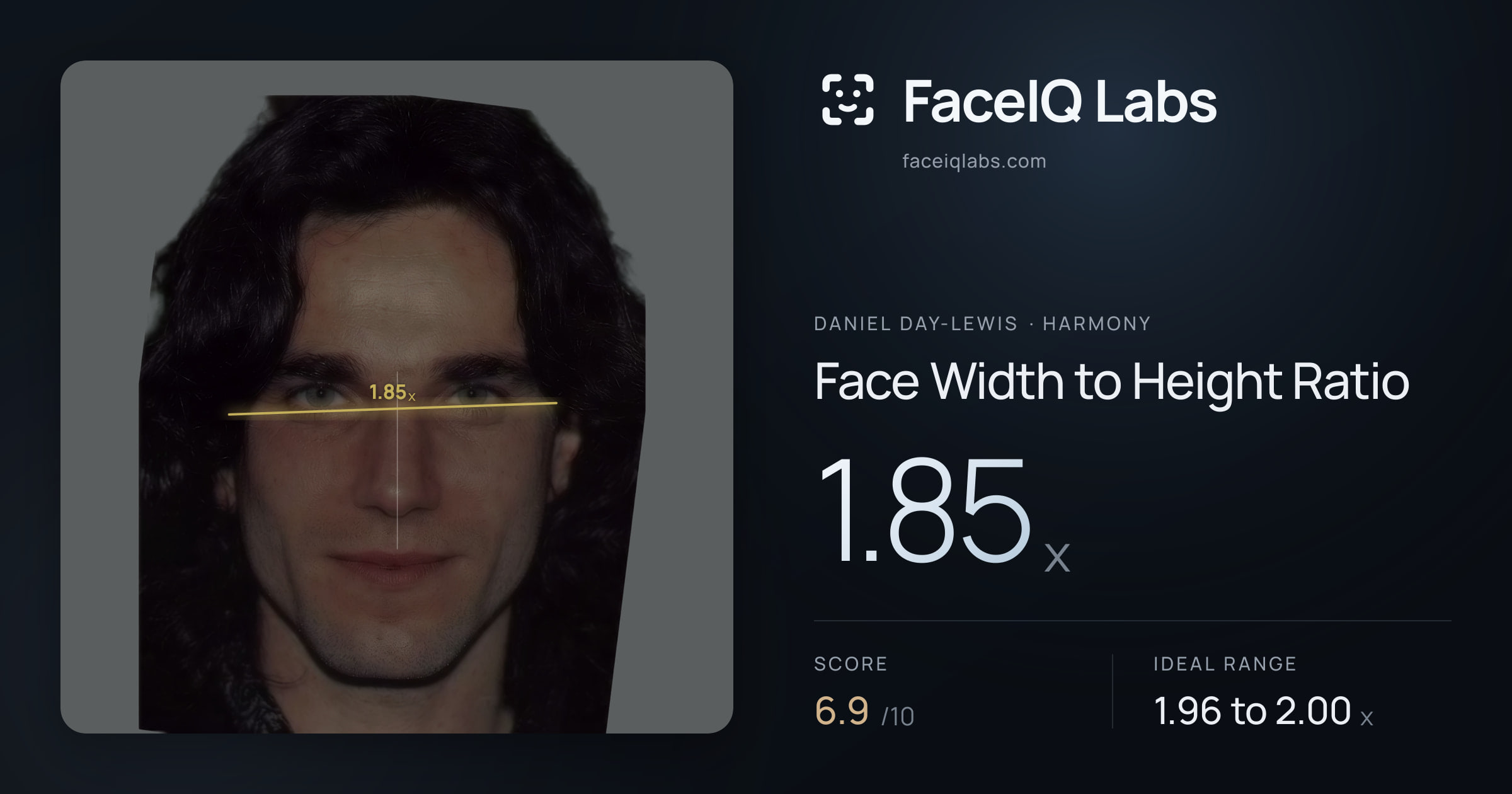Daniel Day-Lewis Face Width to Height Ratio: 1.85x, drawn on the photo