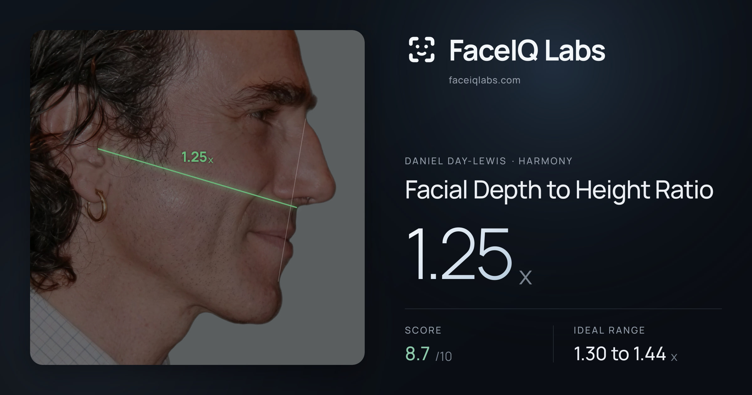 Daniel Day-Lewis Facial Depth to Height Ratio: 1.25x, drawn on the photo