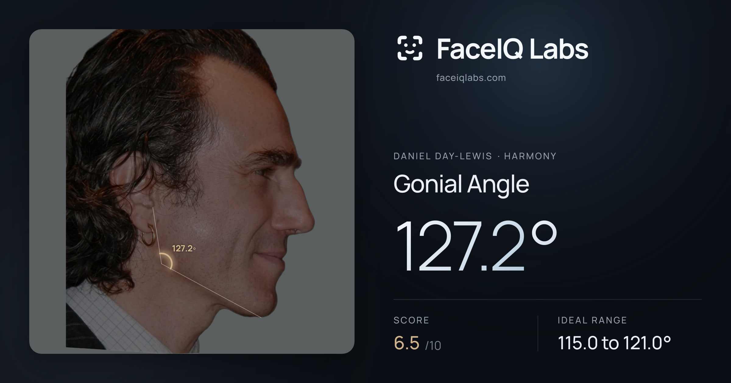 Daniel Day-Lewis Gonial Angle: 127.2°, drawn on the photo