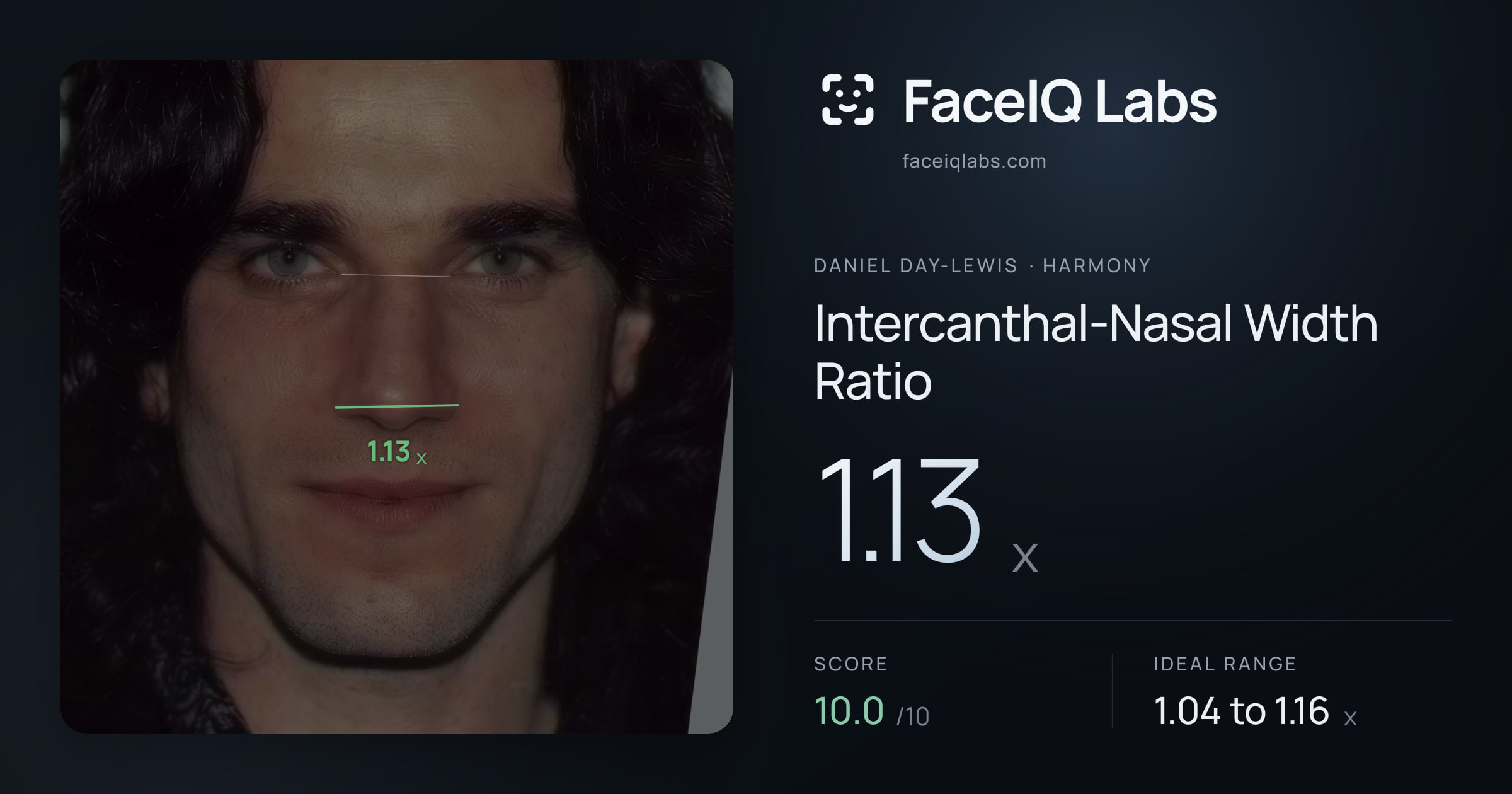 Daniel Day-Lewis Intercanthal-Nasal Width Ratio: 1.13x, drawn on the photo