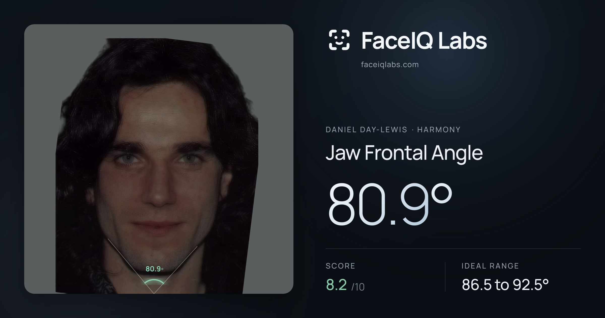 Daniel Day-Lewis Jaw Frontal Angle: 80.9°, drawn on the photo