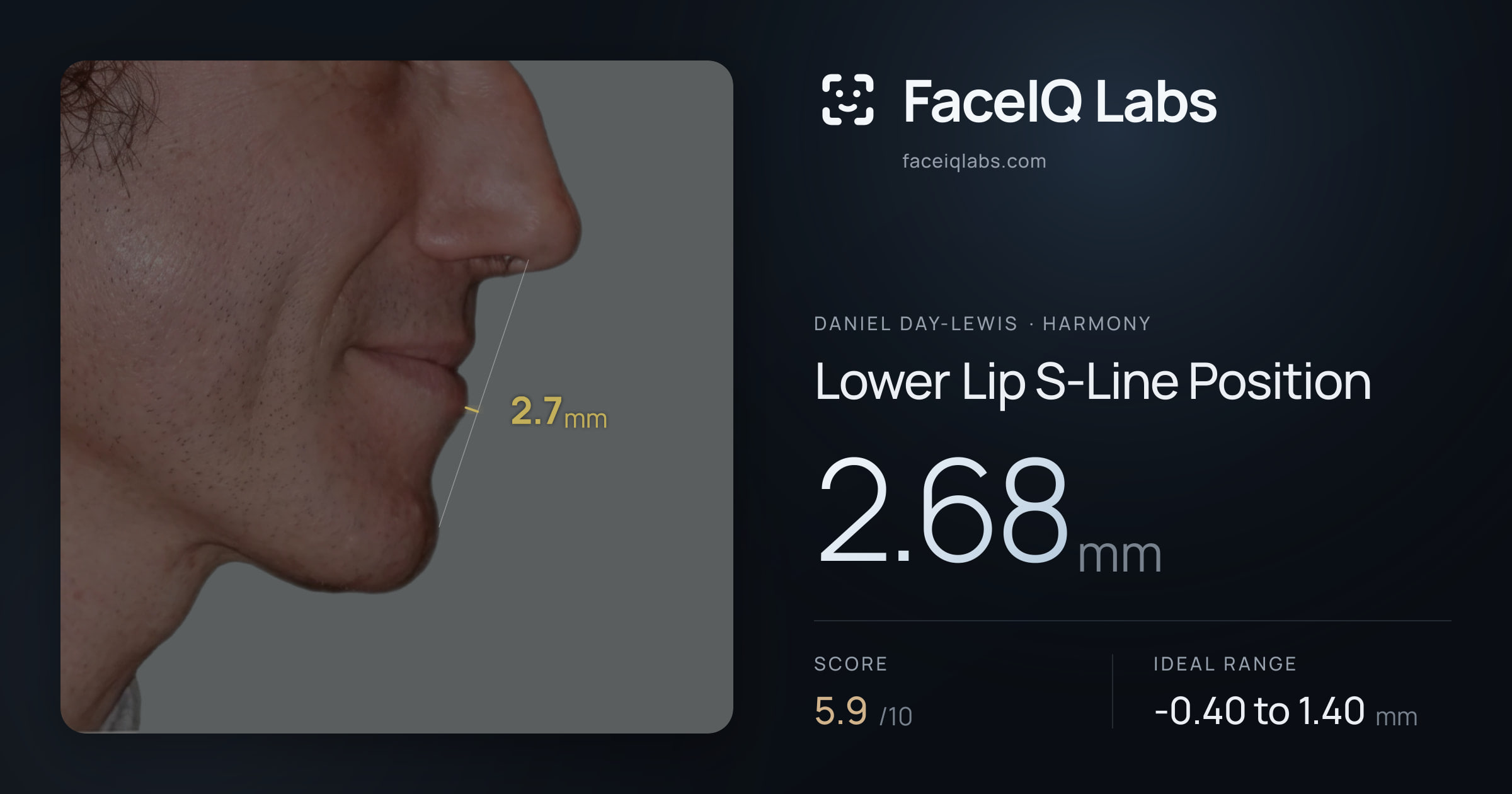 Daniel Day-Lewis Lower Lip S-Line Position: 2.68mm, drawn on the photo