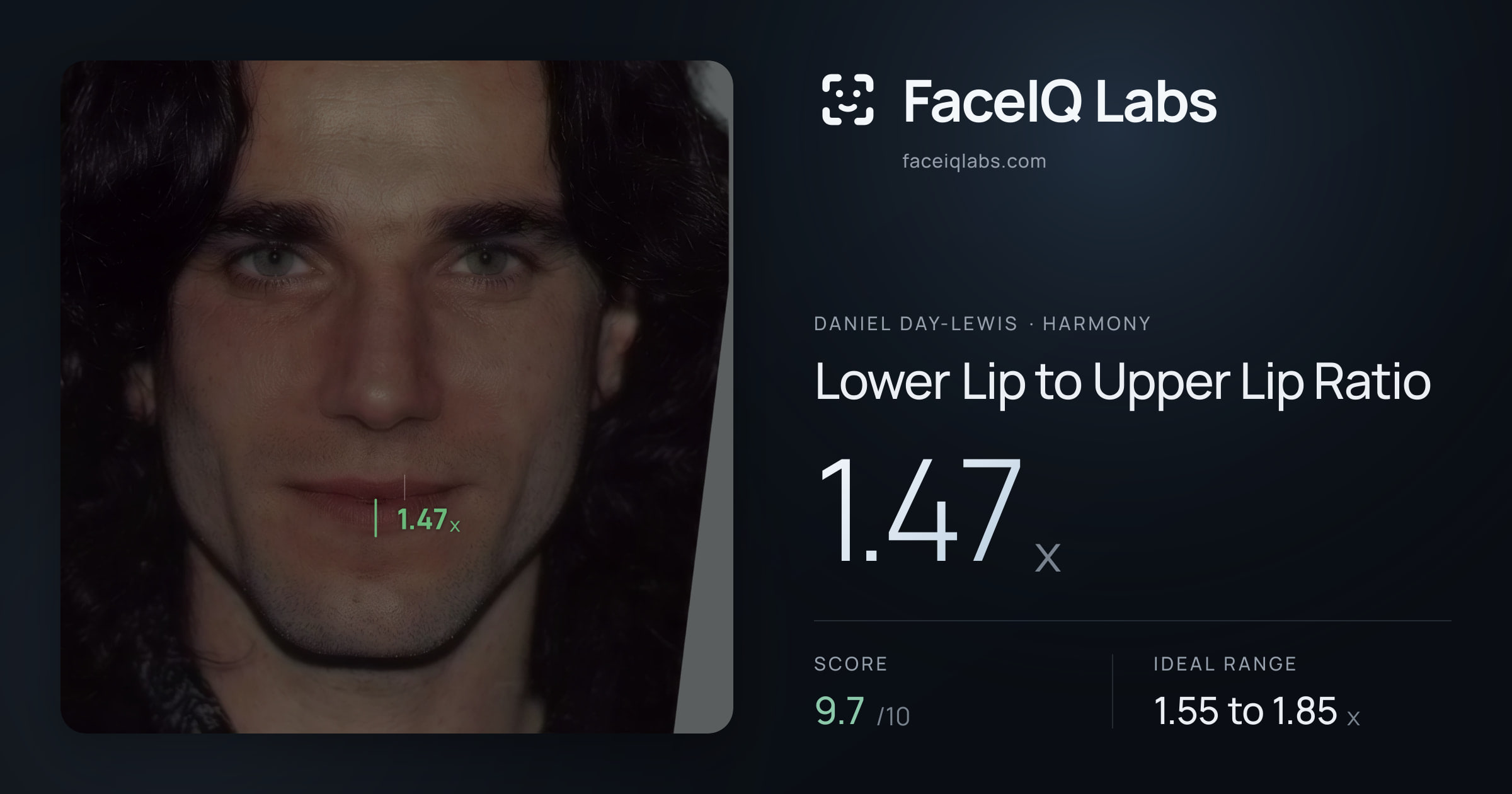 Daniel Day-Lewis Lower Lip to Upper Lip Ratio: 1.47x, drawn on the photo