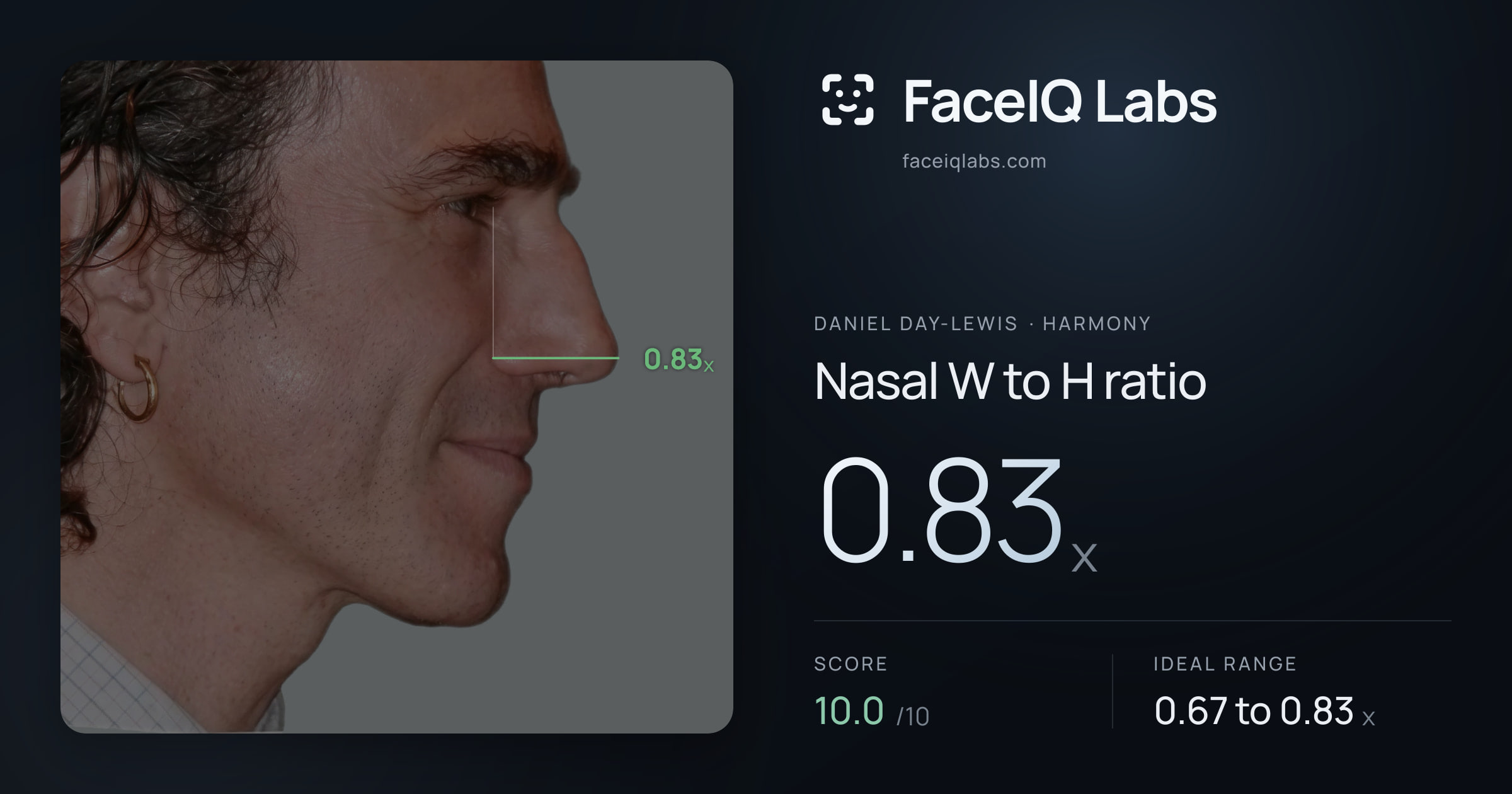 Daniel Day-Lewis Nasal W to H ratio: 0.83x, drawn on the photo