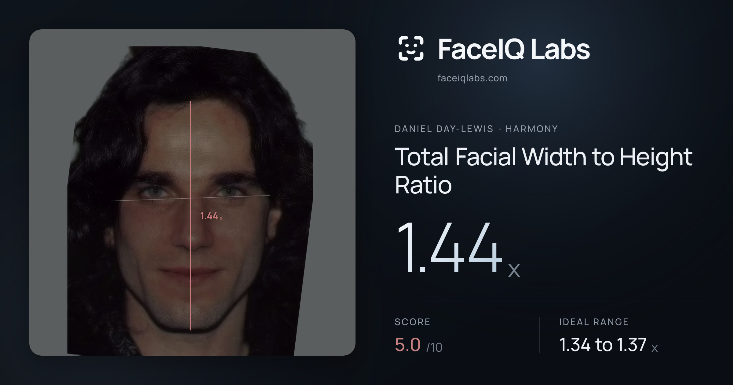 Daniel Day-Lewis Total Facial Width to Height Ratio: 1.44x, drawn on the photo