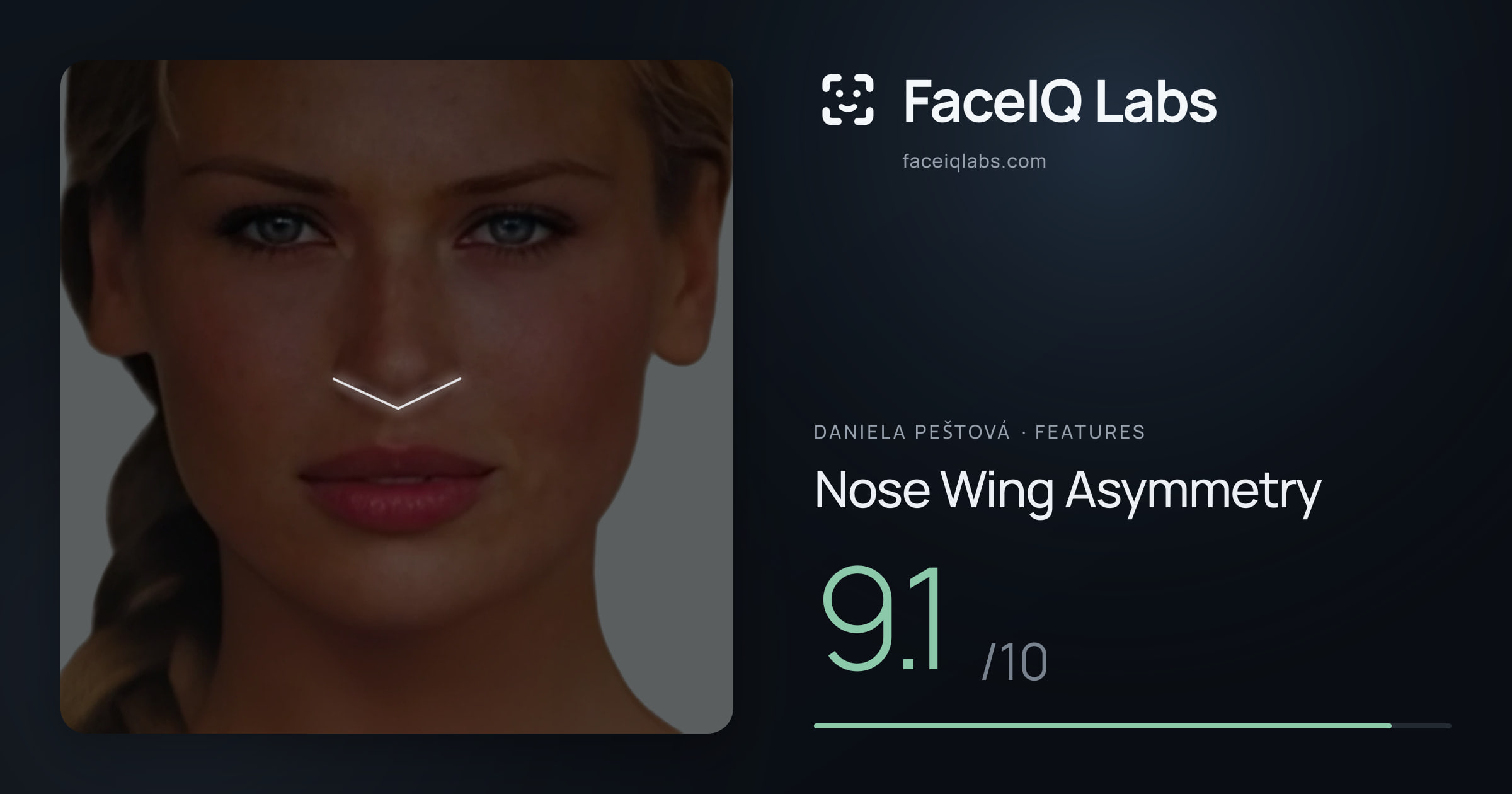Daniela Peštová Nose Wing Asymmetry: 9.1/10, drawn on the photo