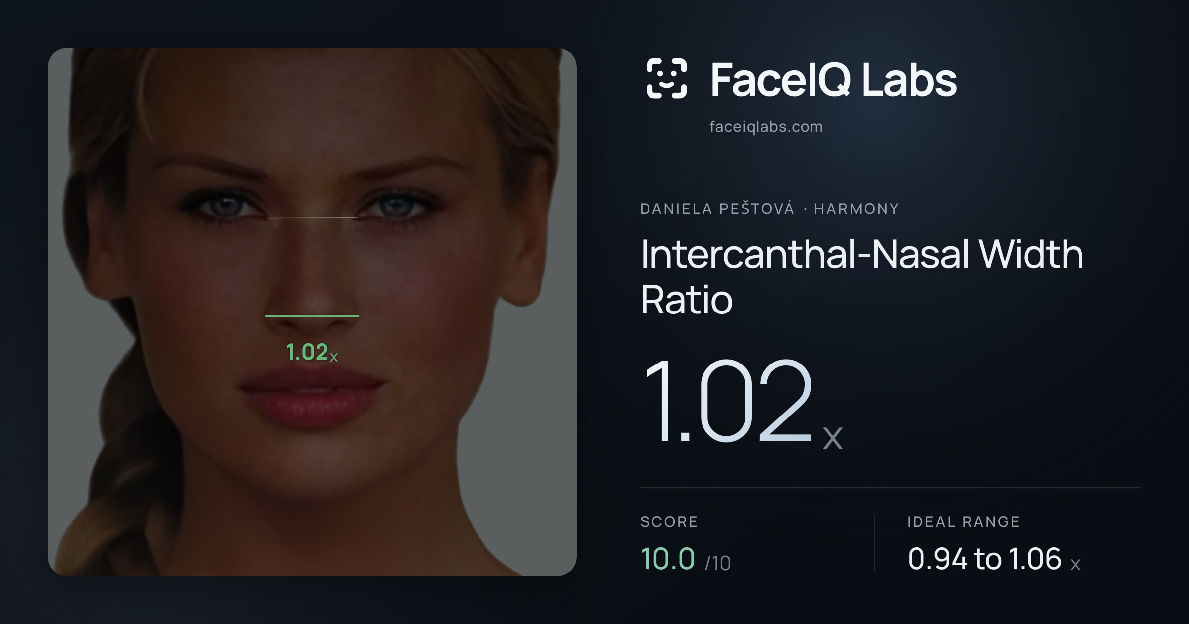 Daniela Peštová Intercanthal-Nasal Width Ratio: 1.02x, drawn on the photo