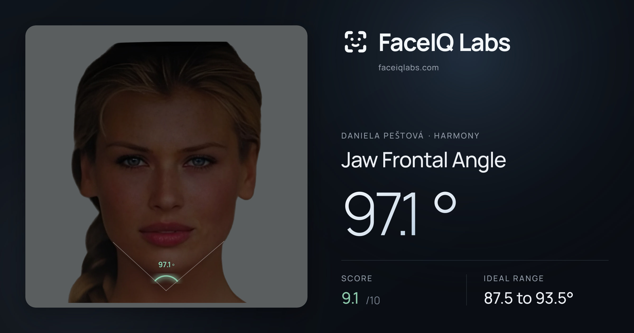 Daniela Peštová Jaw Frontal Angle: 97.1°, drawn on the photo