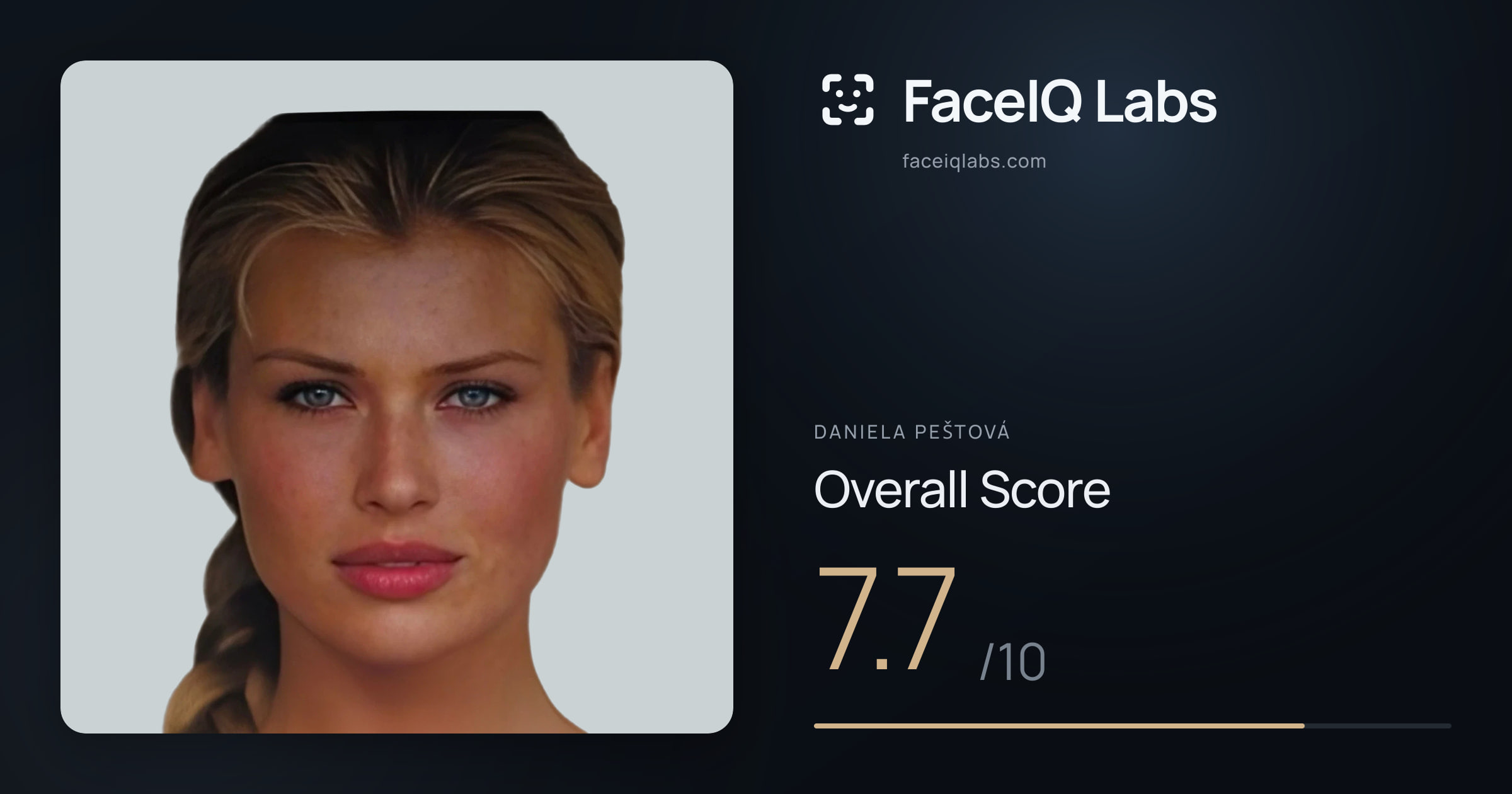 Daniela Peštová face rating: 7.7/10, with each section's score