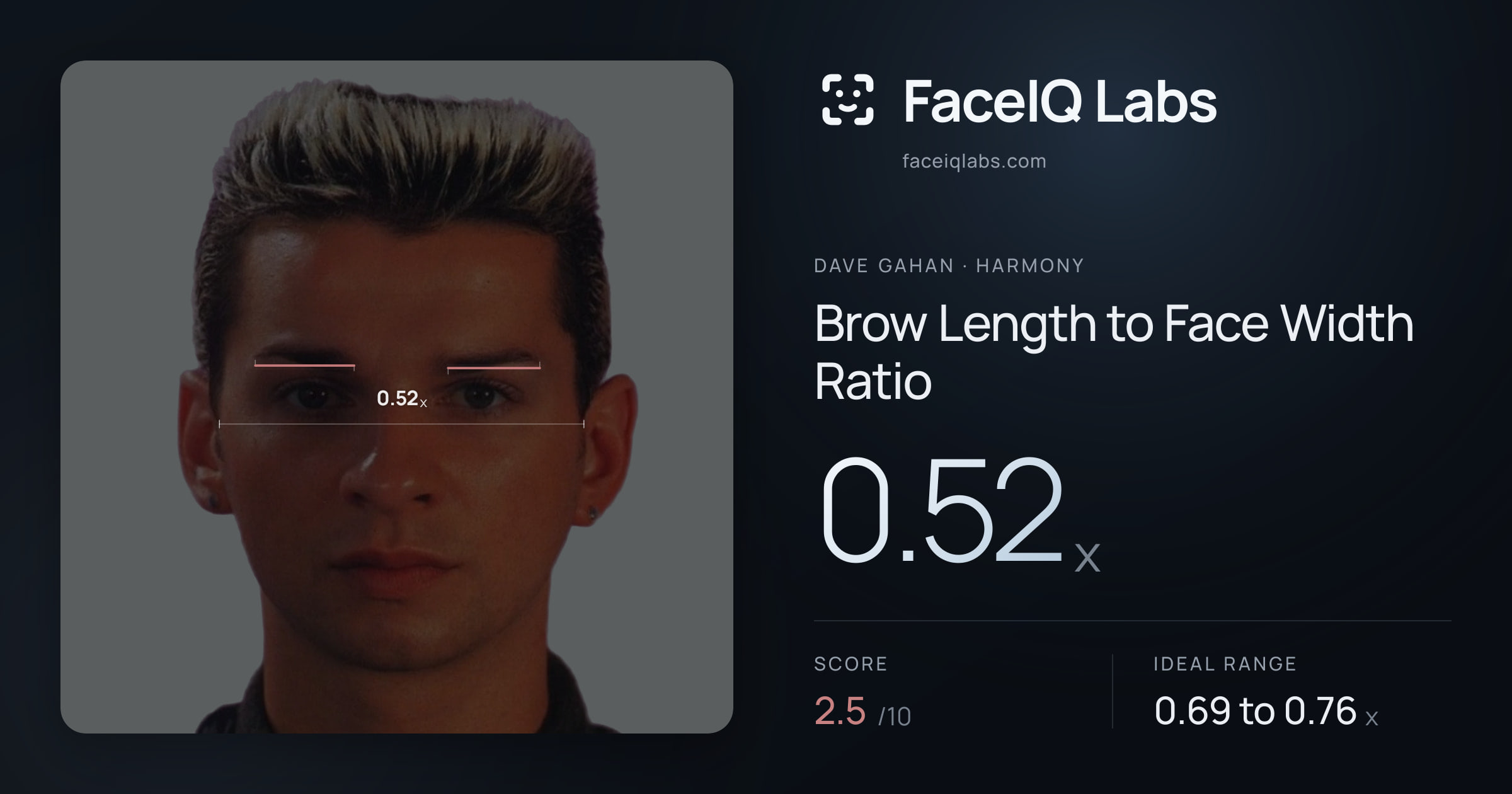 Dave Gahan Brow Length to Face Width Ratio: 0.52x, drawn on the photo