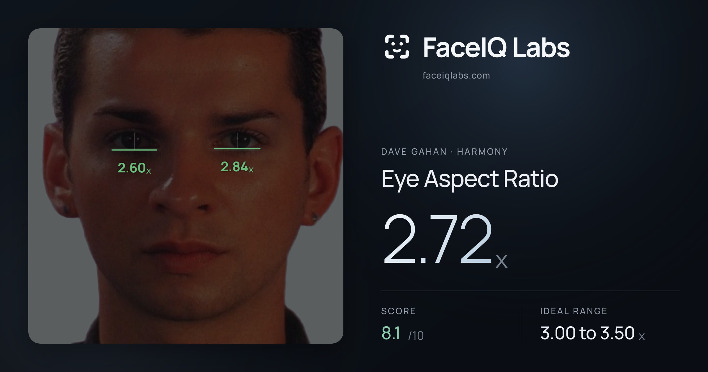 Dave Gahan Eye Aspect Ratio: 2.72x, drawn on the photo