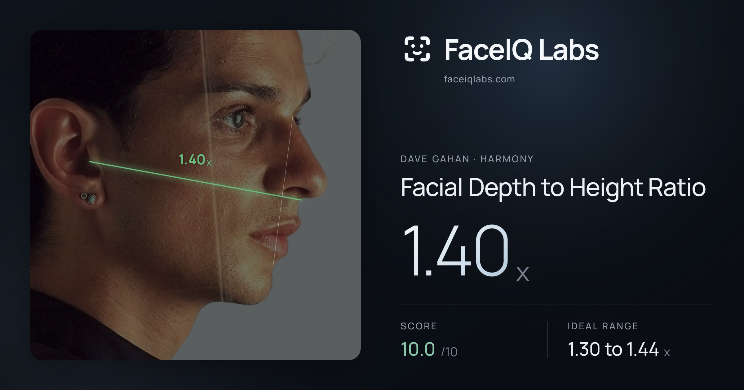 Dave Gahan Facial Depth to Height Ratio: 1.40x, drawn on the photo