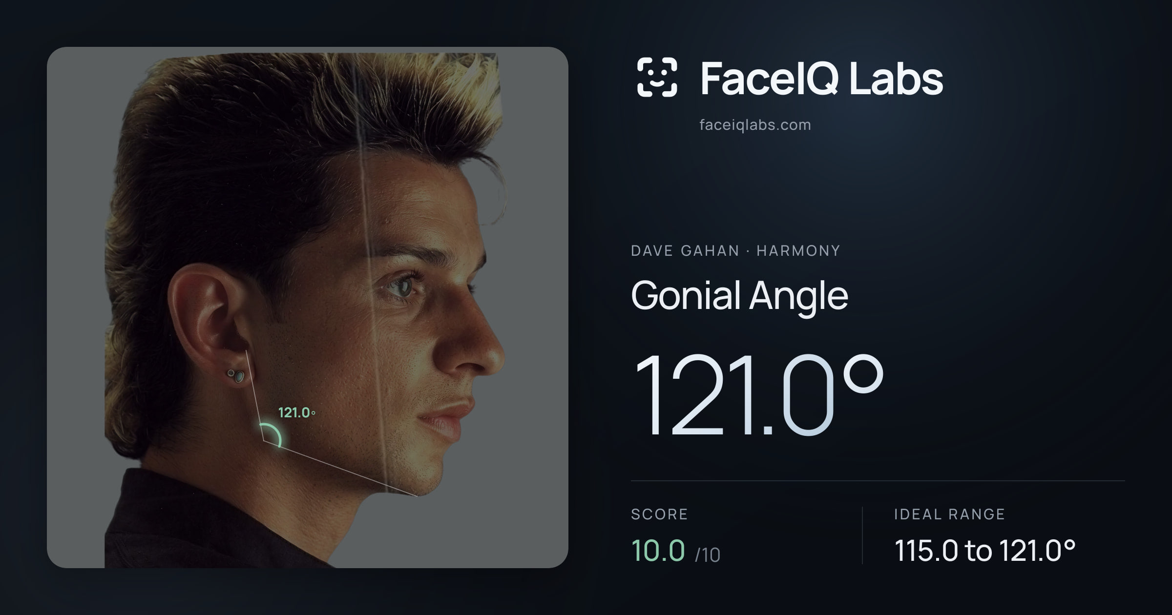 Dave Gahan Gonial Angle: 121.0°, drawn on the photo