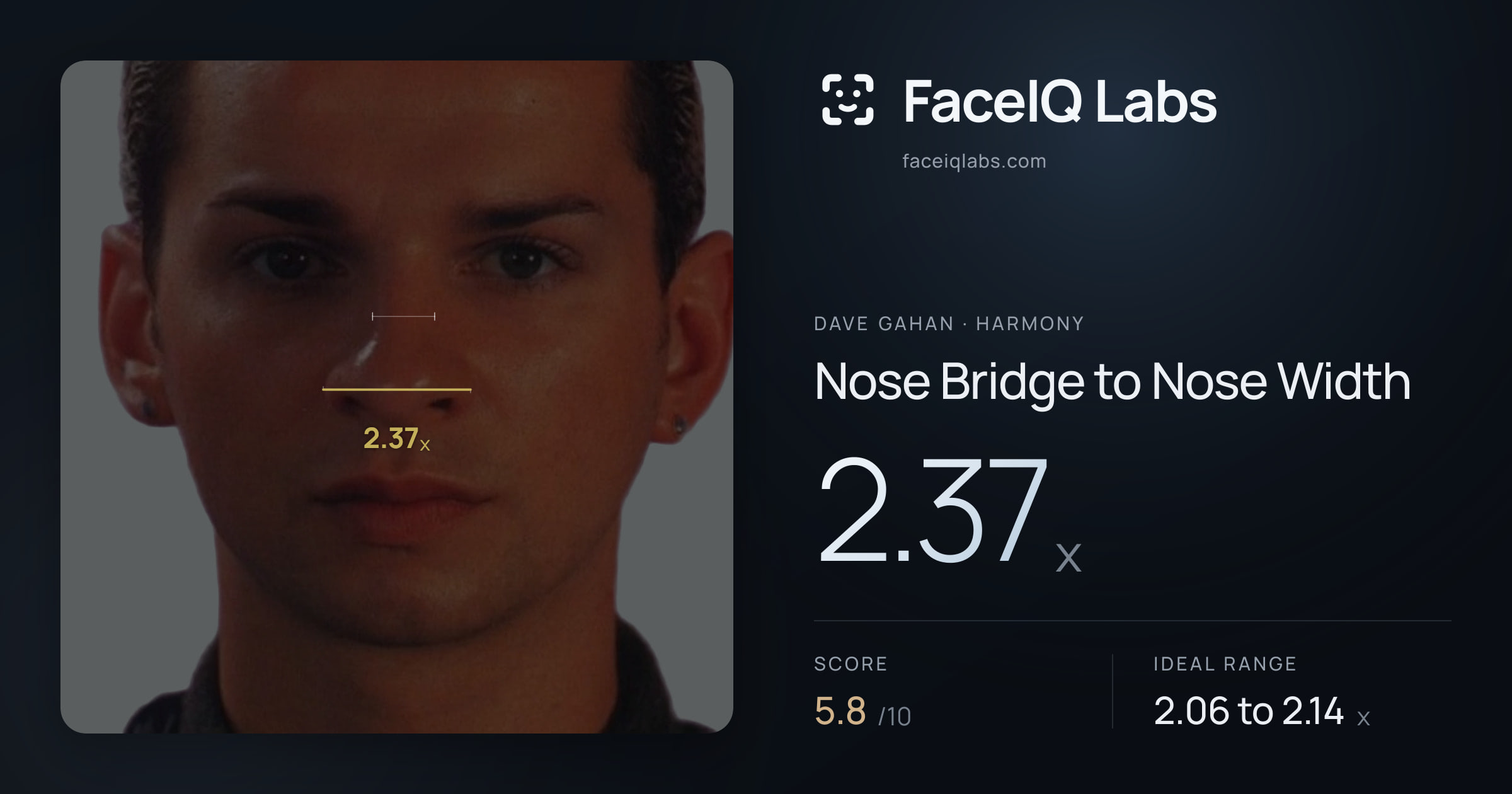 Dave Gahan Nose Bridge to Nose Width: 2.37x, drawn on the photo