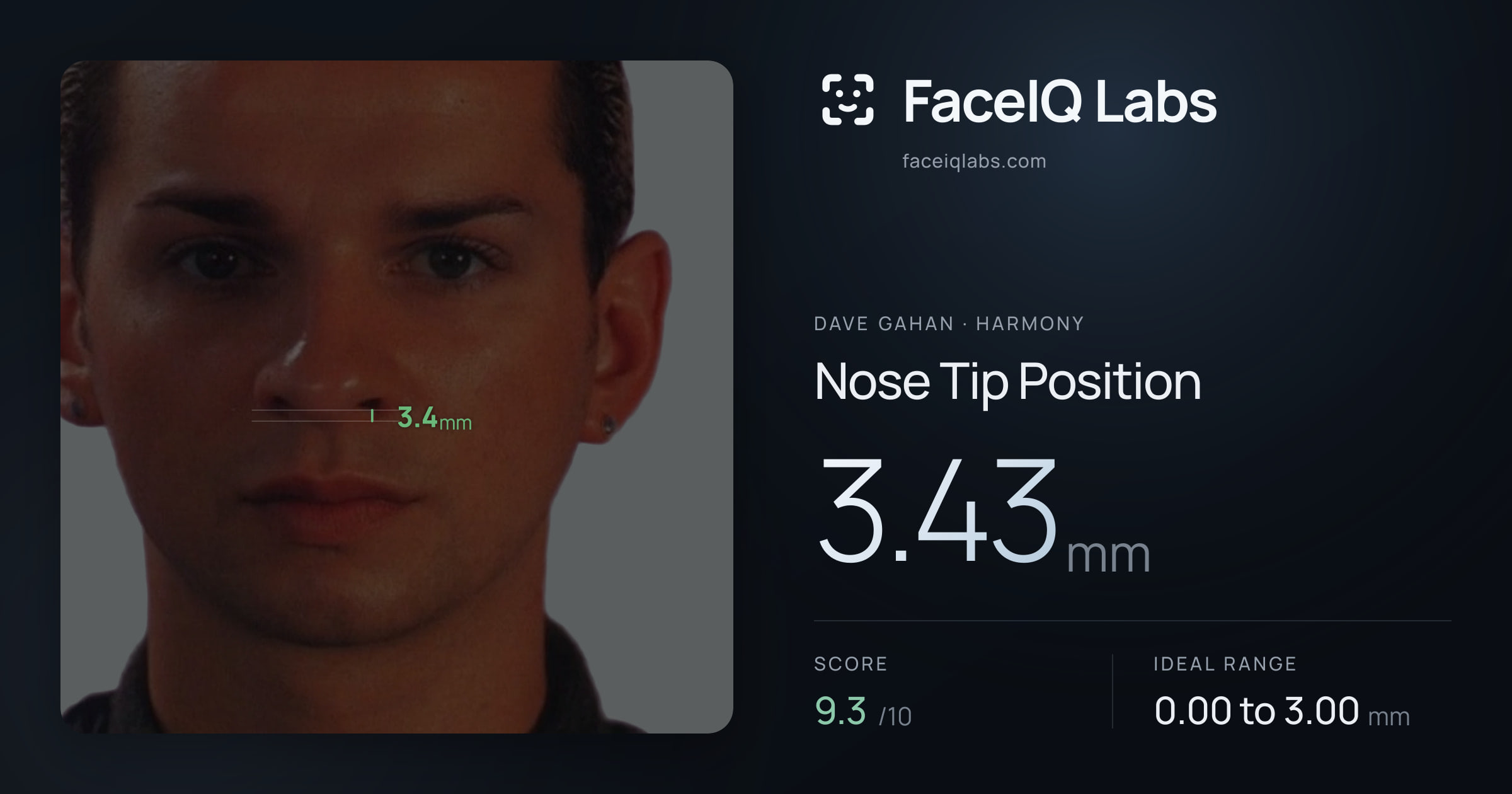 Dave Gahan Nose Tip Position: 3.43mm, drawn on the photo
